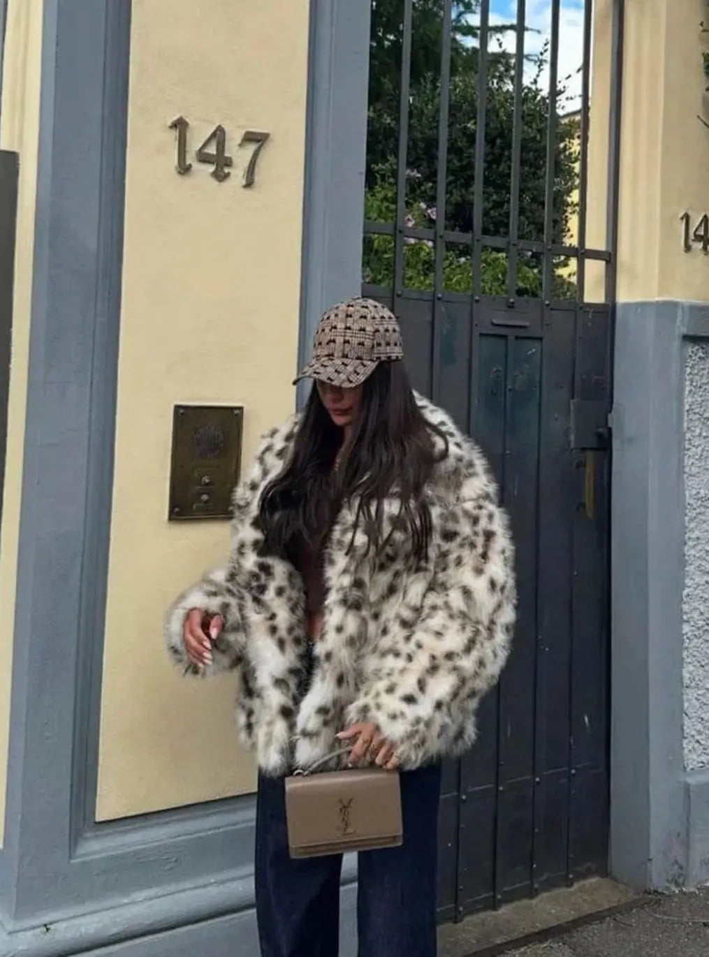 Women's Leopard Print Faux Fur Coat for Ladies