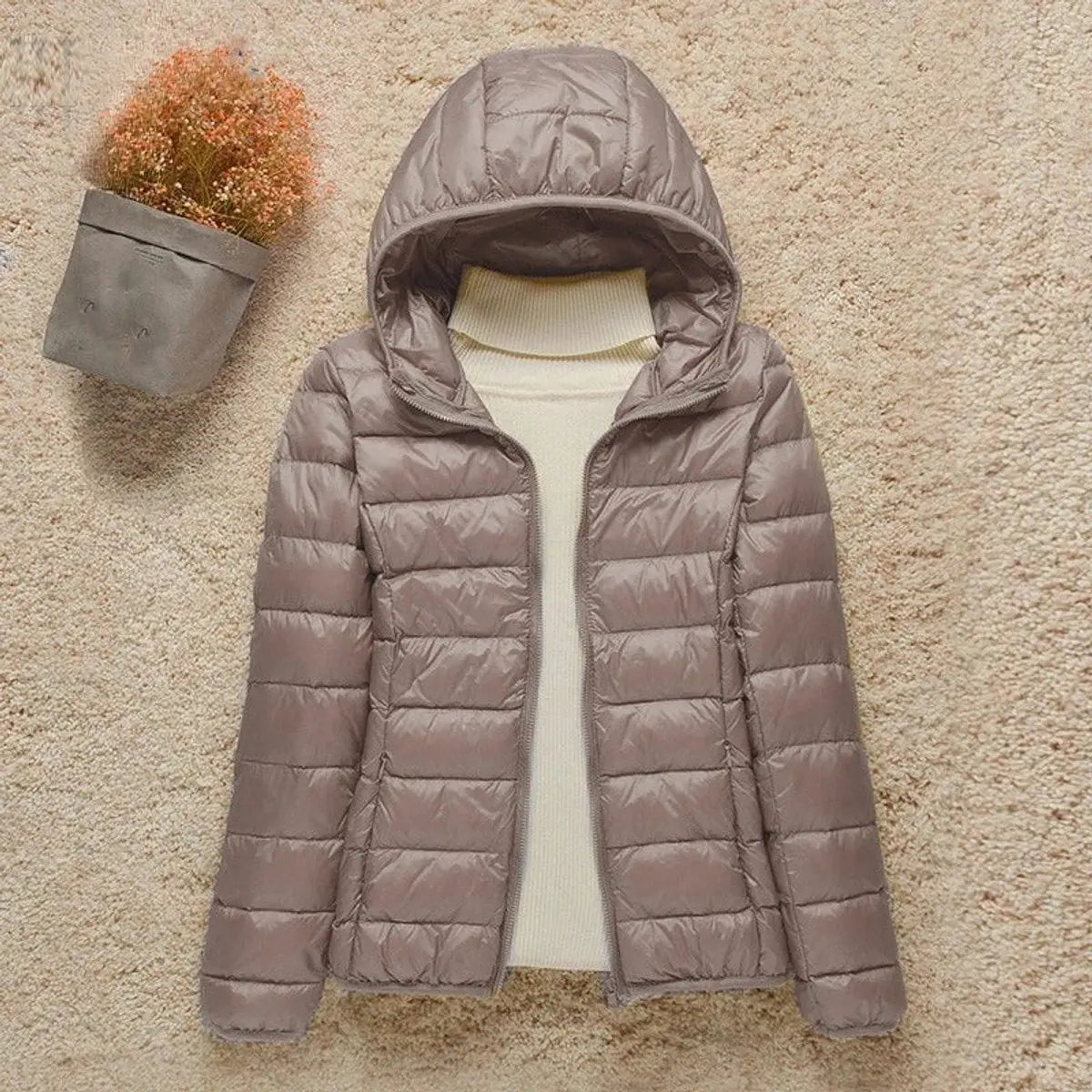 Women's Lightweight Hooded Quilted Jacket Packable Down Puffer - Taupe