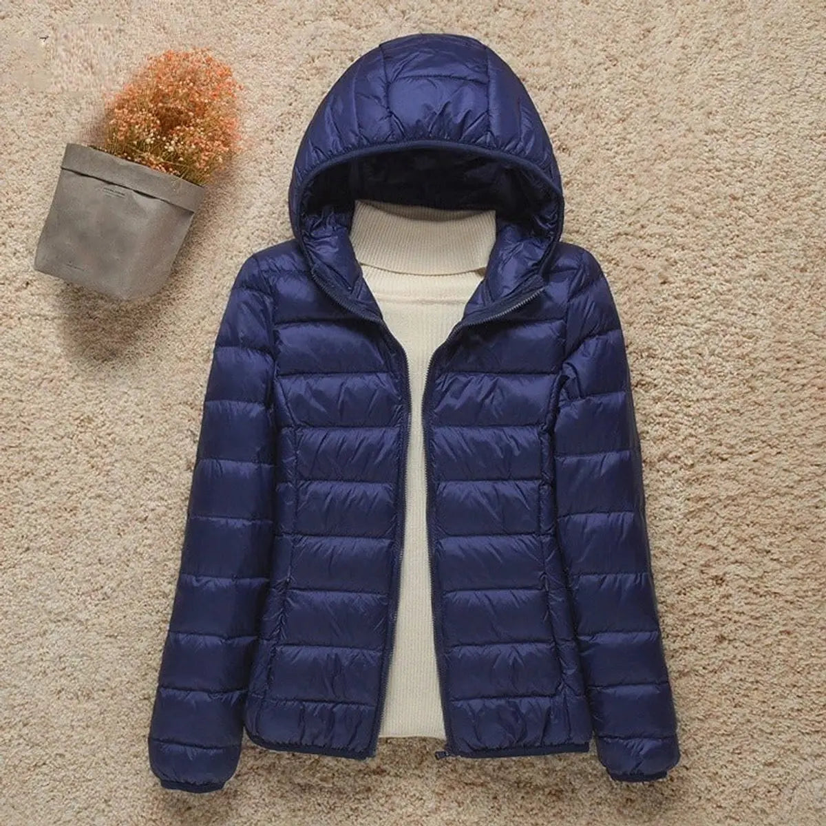 Women's Lightweight Hooded Quilted Jacket Packable Down Puffer - Navy Blue