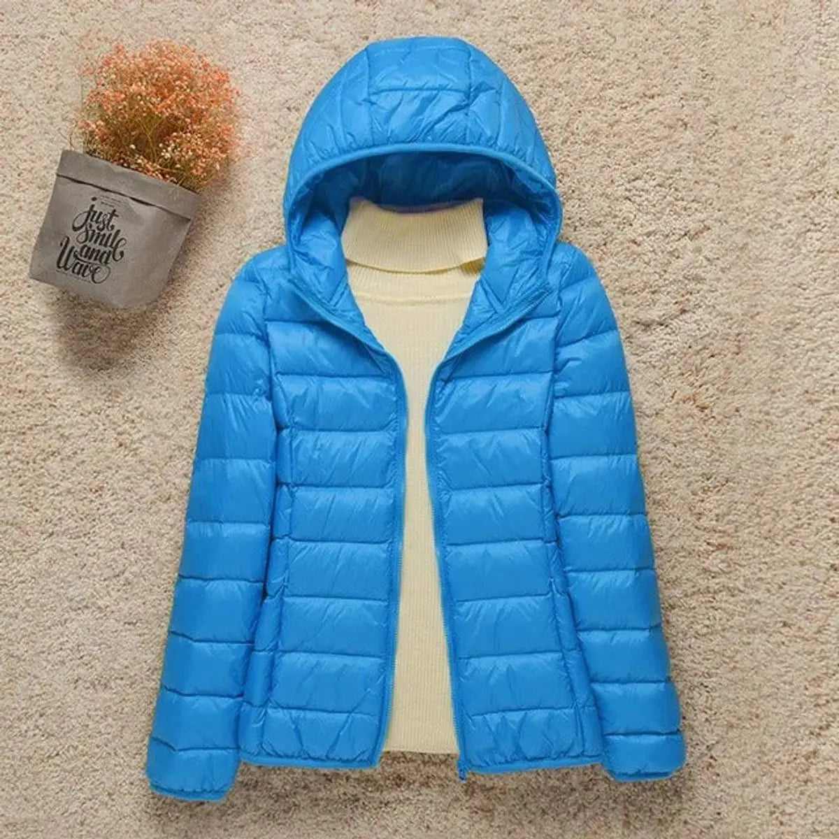 Women's Lightweight Hooded Quilted Jacket Packable Down Puffer - Light Blue