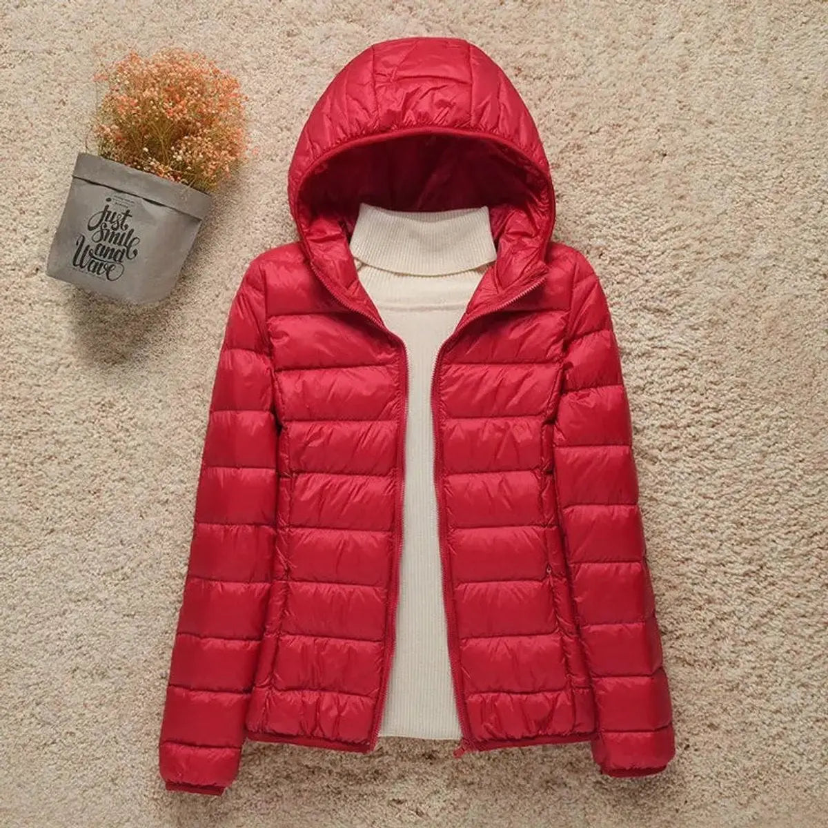 Women's Lightweight Hooded Quilted Jacket Packable Down Puffer - Red