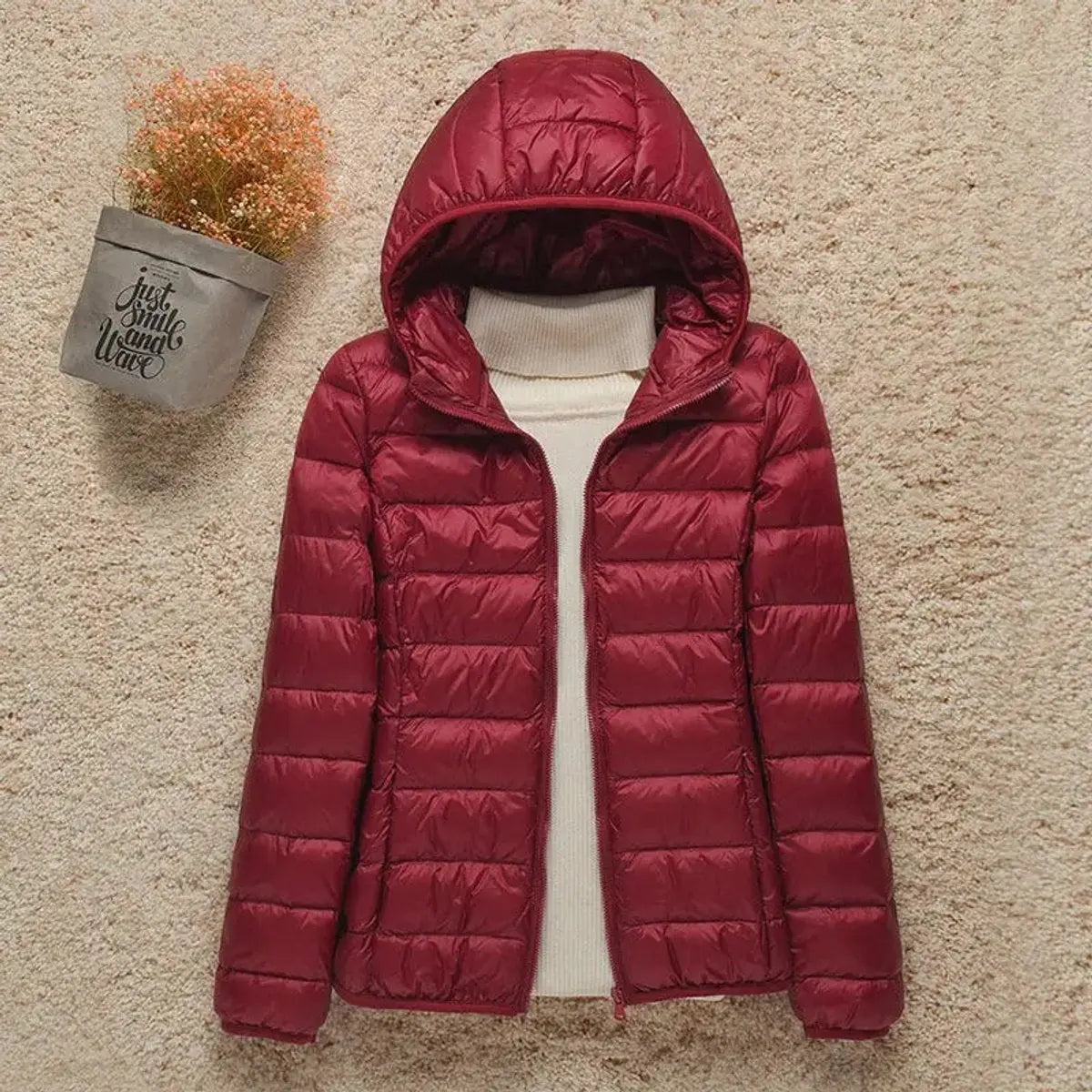 Women's Lightweight Hooded Quilted Jacket Packable Down Puffer - Burgundy