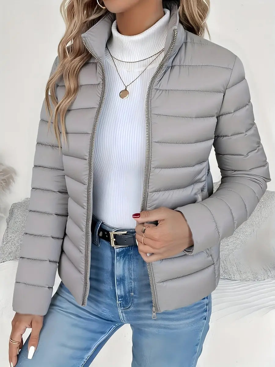 Women's Lightweight Quilted Puffer Coat Stand Collar Zip-Up - Grey