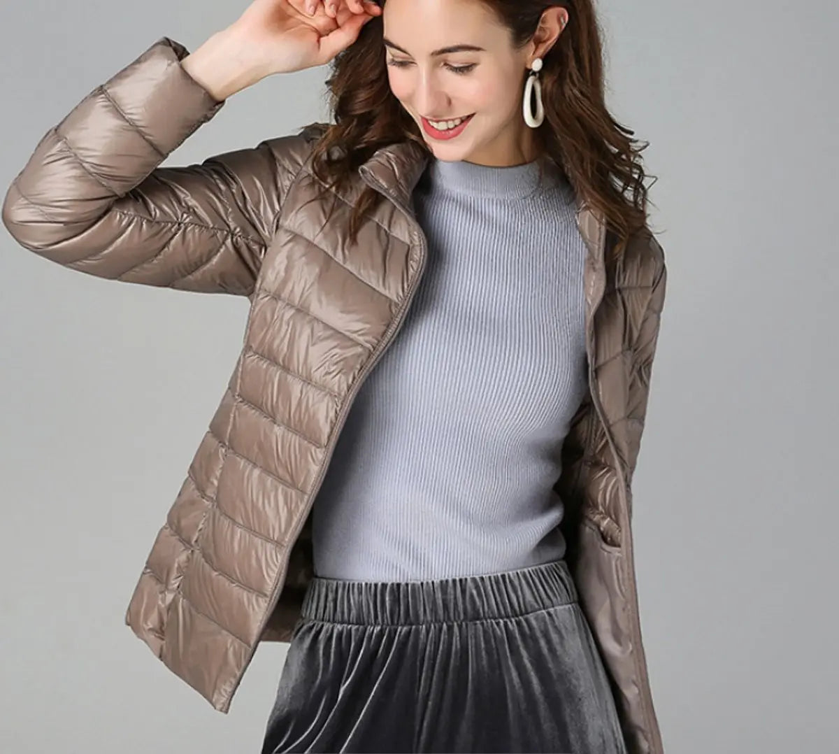Women's Lightweight Quilted Puffer Coat Stand Collar Zip-Up - Khaki
