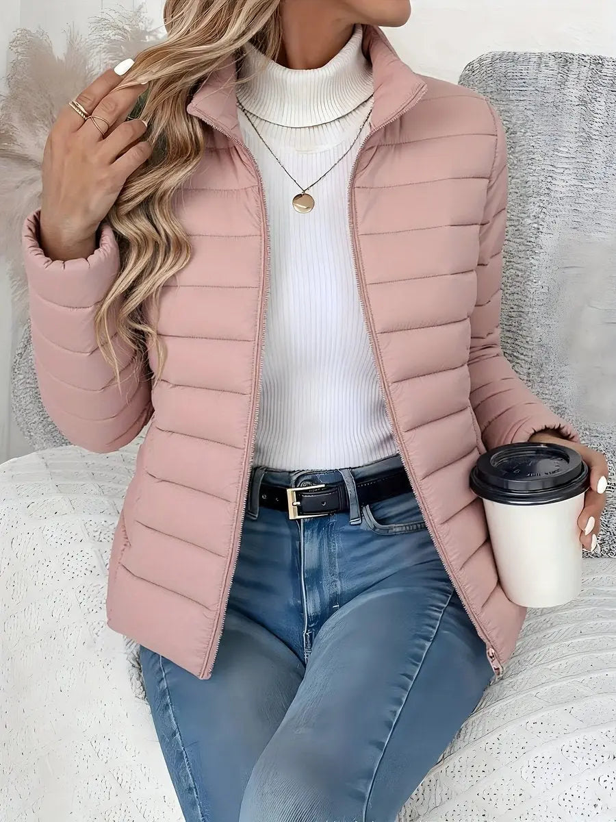 Women's Lightweight Quilted Puffer Coat Stand Collar Zip-Up - Pink