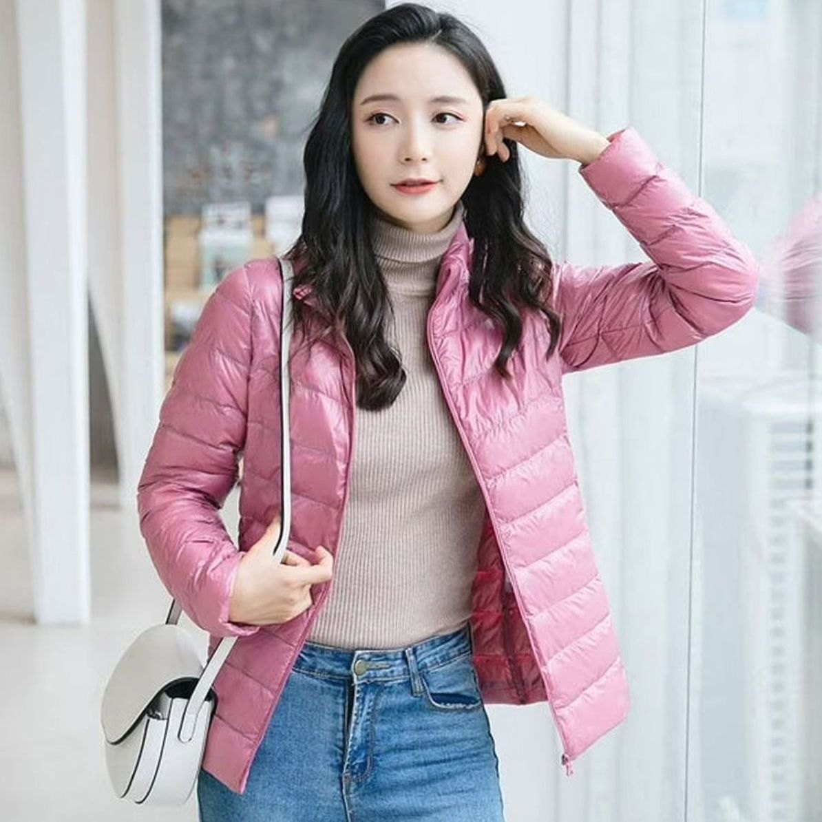 Women's Lightweight Quilted Stand-Collar Spring Jacket - Light Pink