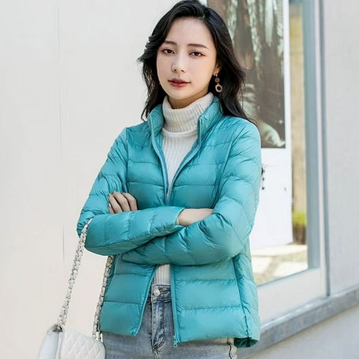 Women's Lightweight Quilted Stand-Collar Spring Jacket - Light Blue