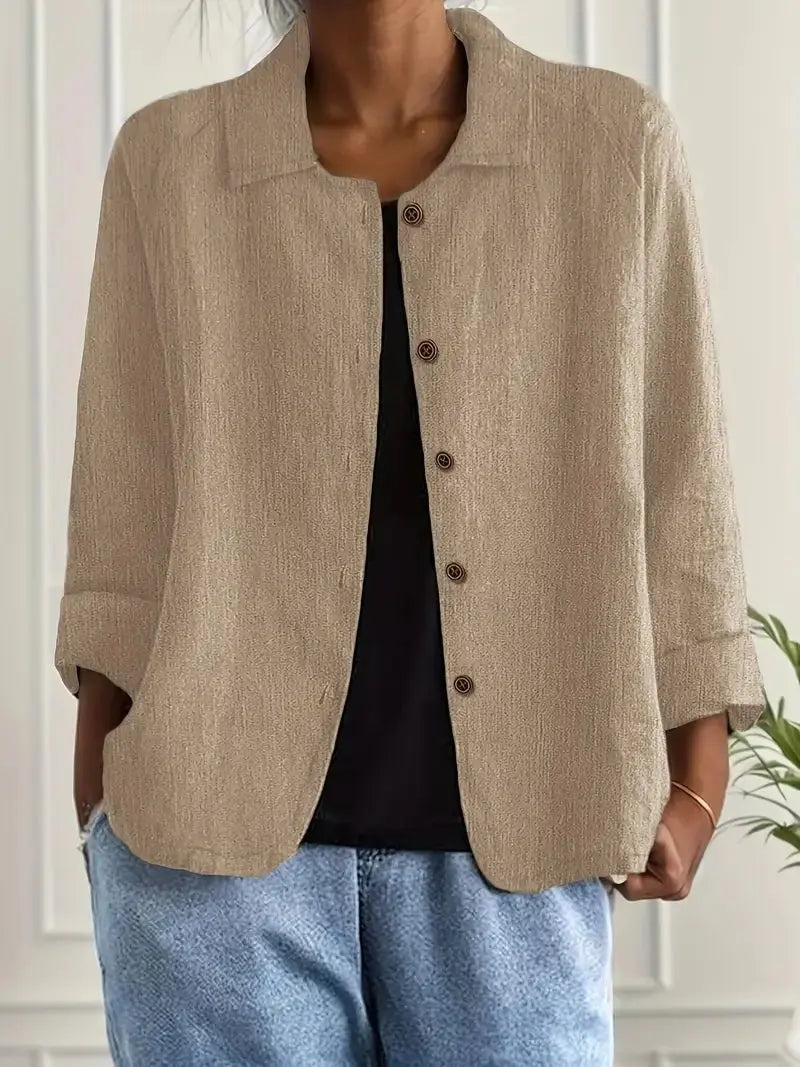 Women's Linen Blazer Lightweight Jacket Button Front - Khaki