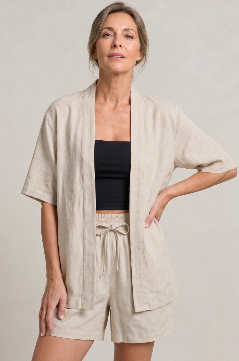 Women's Linen Blend Open-Front Short-Sleeve Cardigan Shorts Set - Khaki