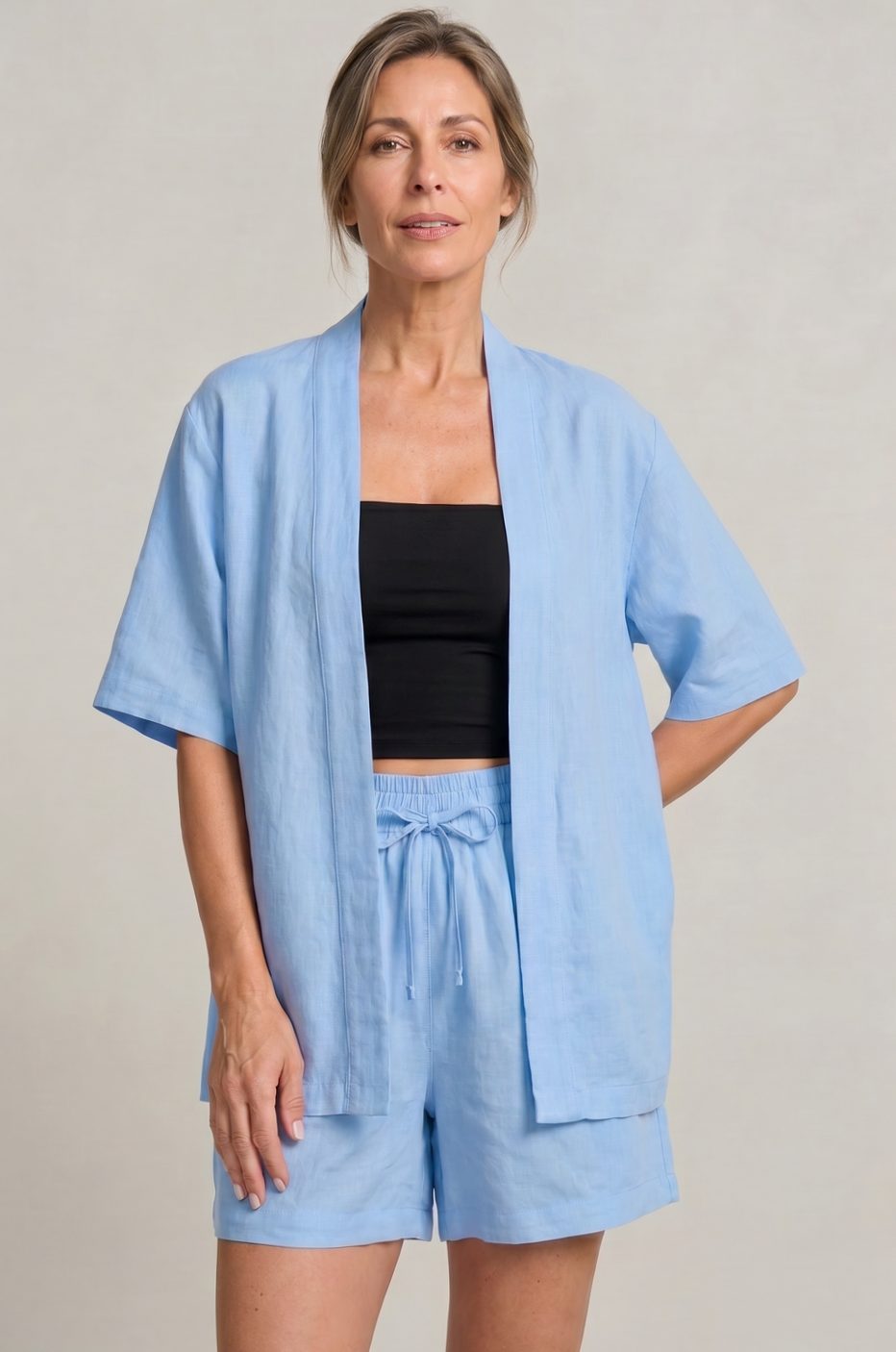 Women's Linen Blend Open-Front Short-Sleeve Cardigan Shorts Set - Light Blue