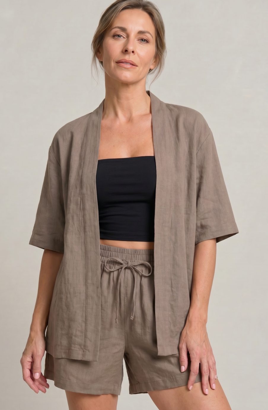 Women's Linen Blend Open-Front Short-Sleeve Cardigan Shorts Set - Camel