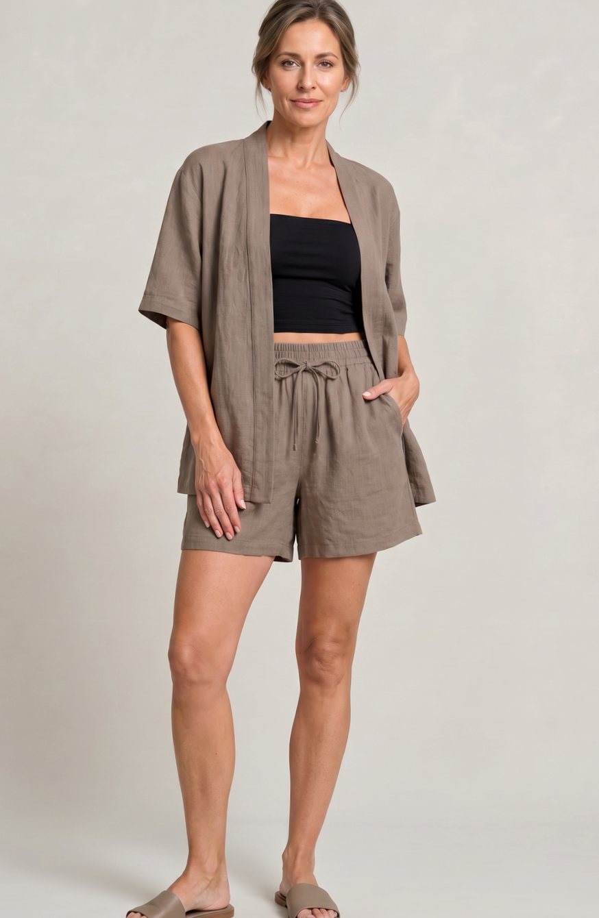 Women's Linen Blend Open-Front Short-Sleeve Cardigan Shorts Set