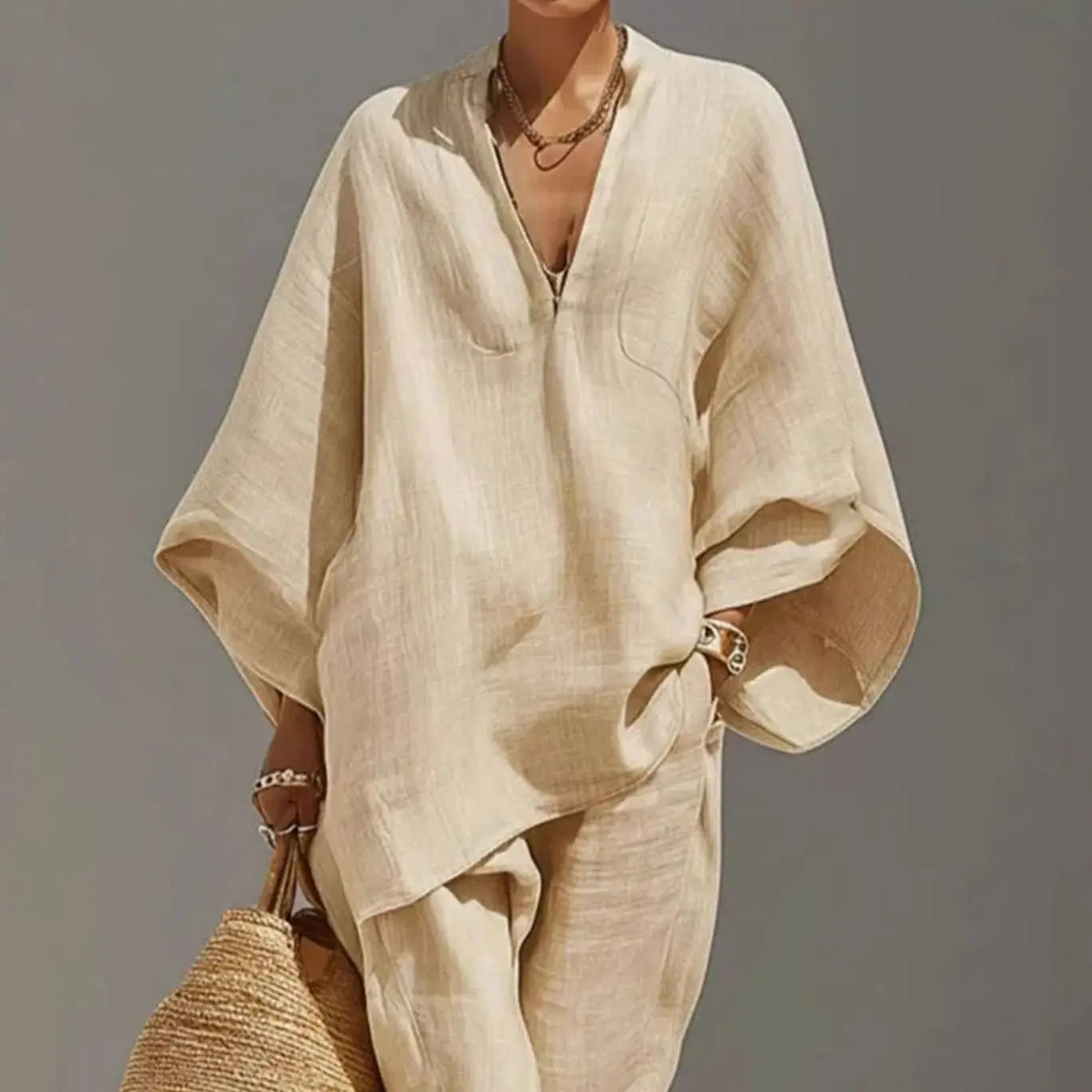 Women's Linen Blend Wide-Sleeve V-Neck Two-Piece Lounge Set