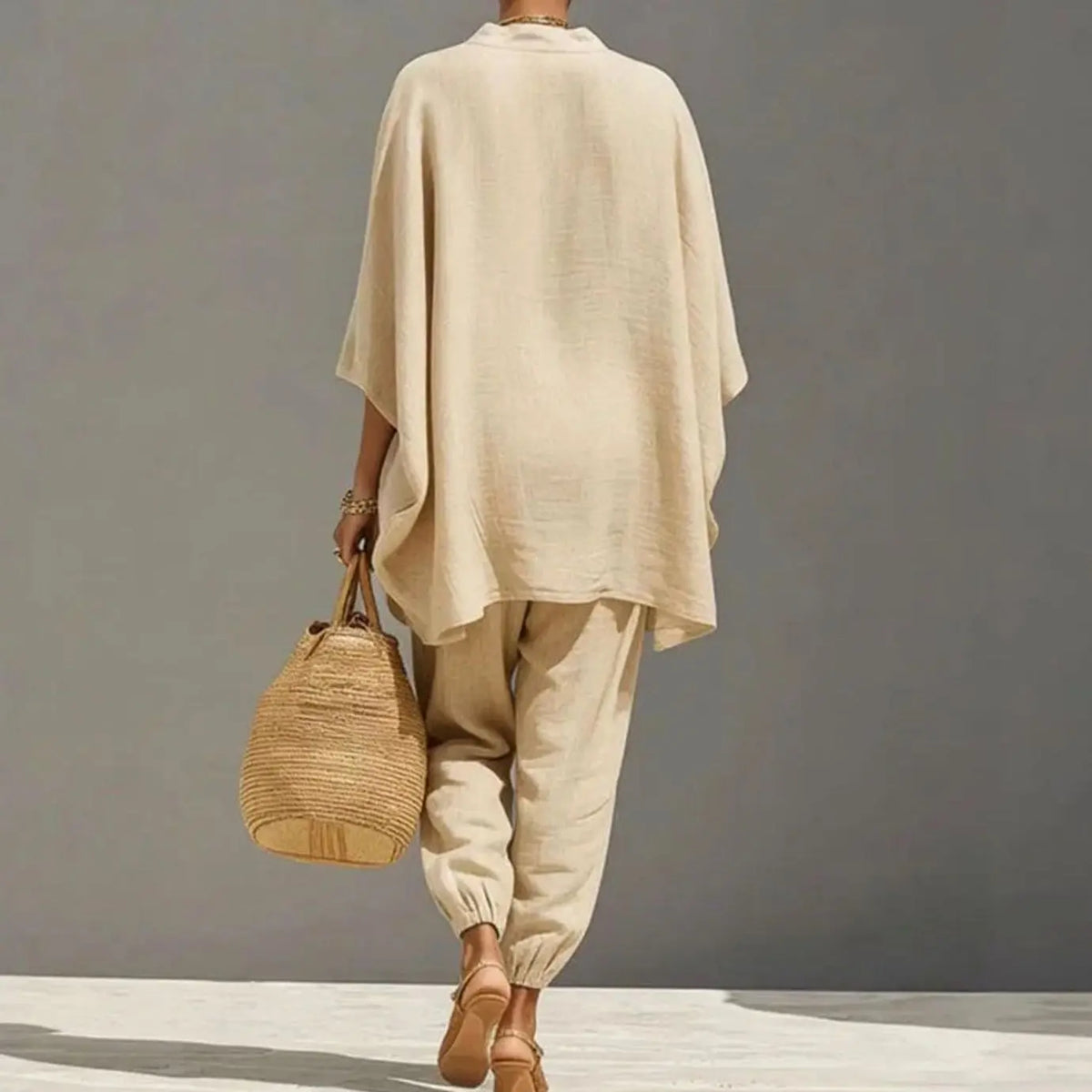 Women's Linen Blend Wide-Sleeve V-Neck Two-Piece Lounge Set