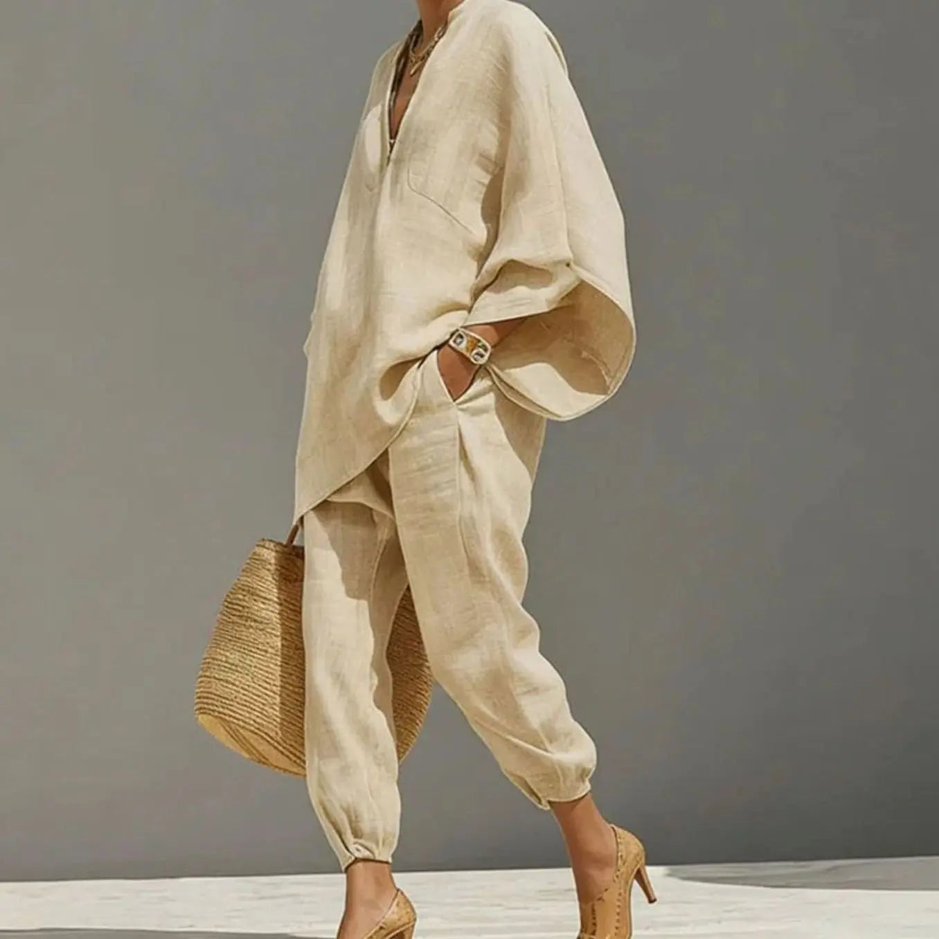 Women's Linen Blend Wide-Sleeve V-Neck Two-Piece Lounge Set