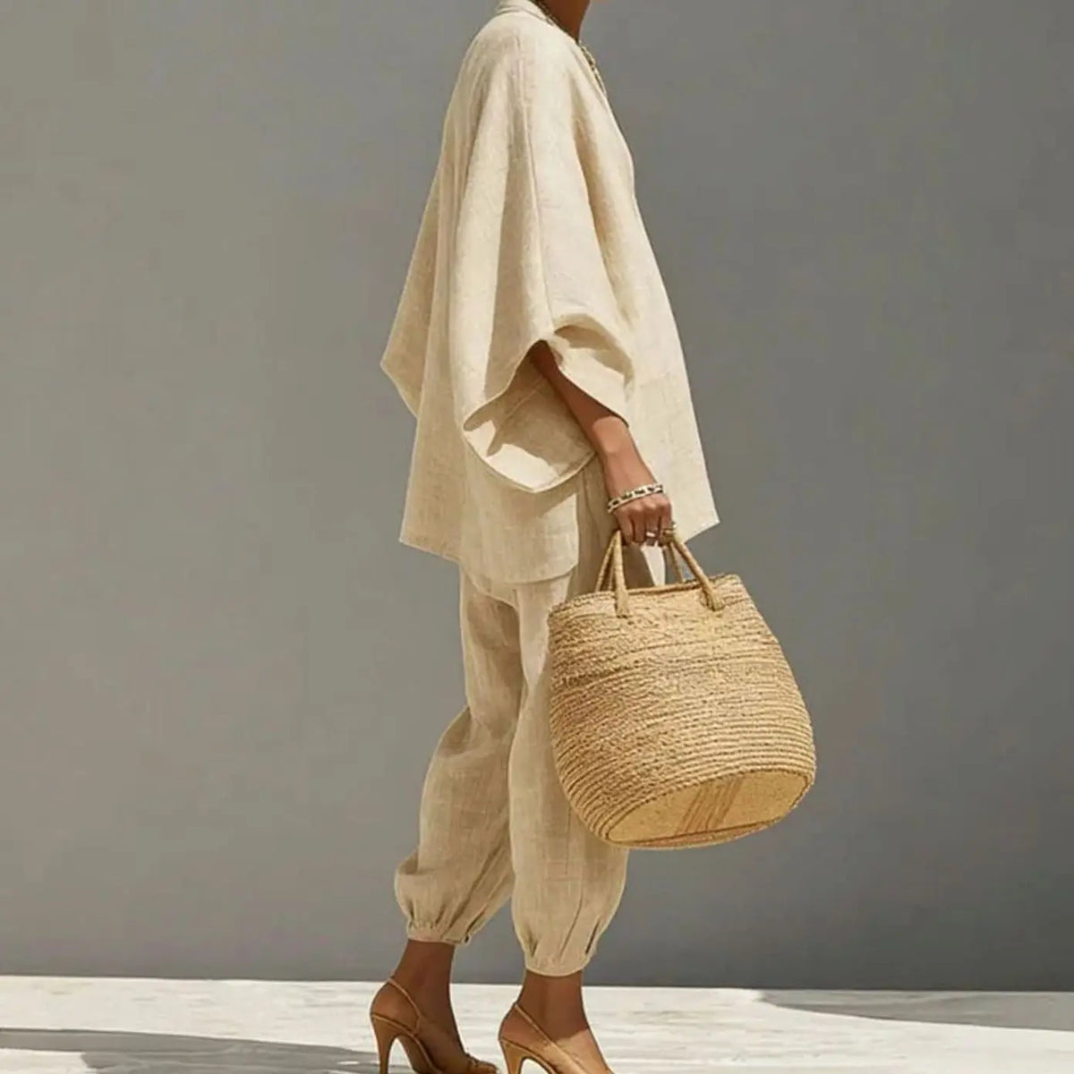 Women's Linen Blend Wide-Sleeve V-Neck Two-Piece Lounge Set