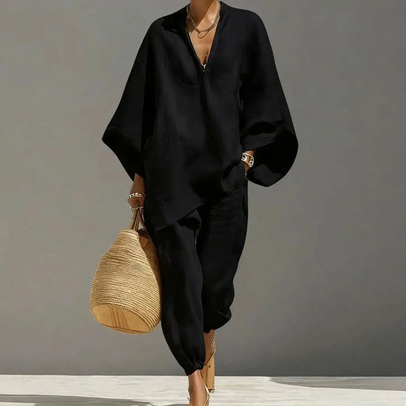 Women's Linen Blend Wide-Sleeve V-Neck Two-Piece Lounge Set - Black