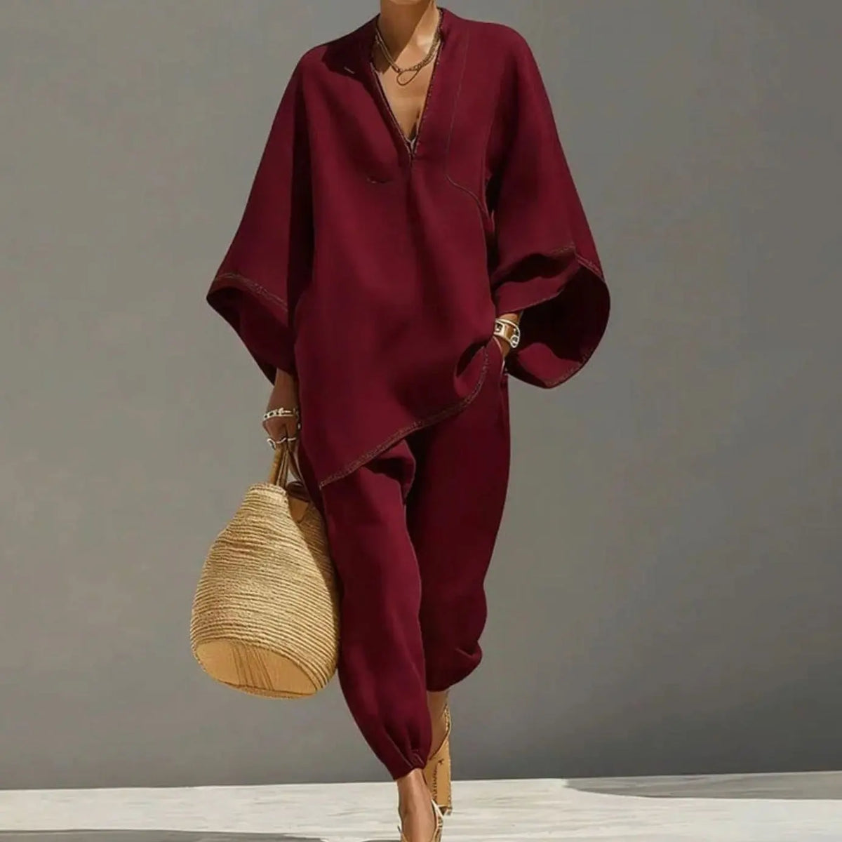 Women's Linen Blend Wide-Sleeve V-Neck Two-Piece Lounge Set - Wine Red
