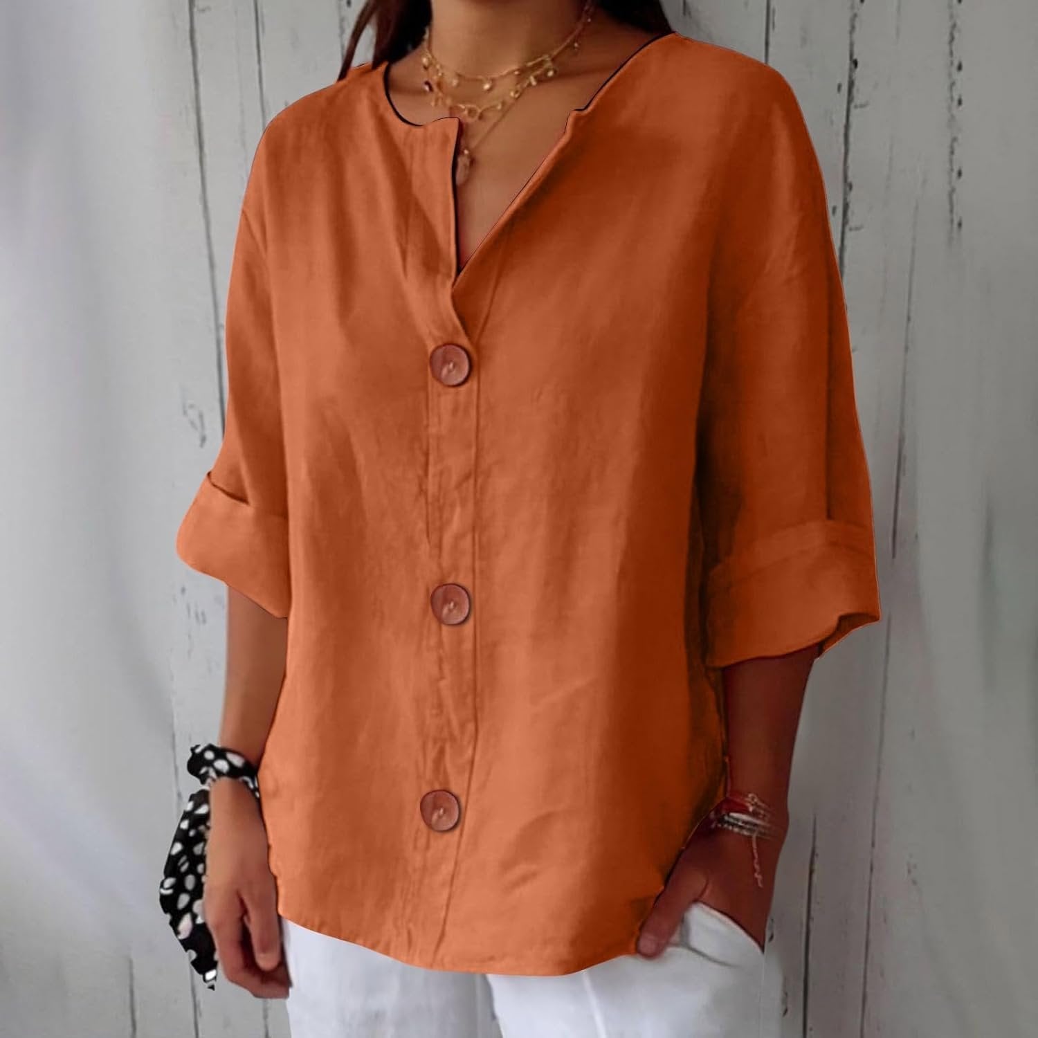 Women's Linen Blouse Button Front Three Quarter Sleeve - Orange