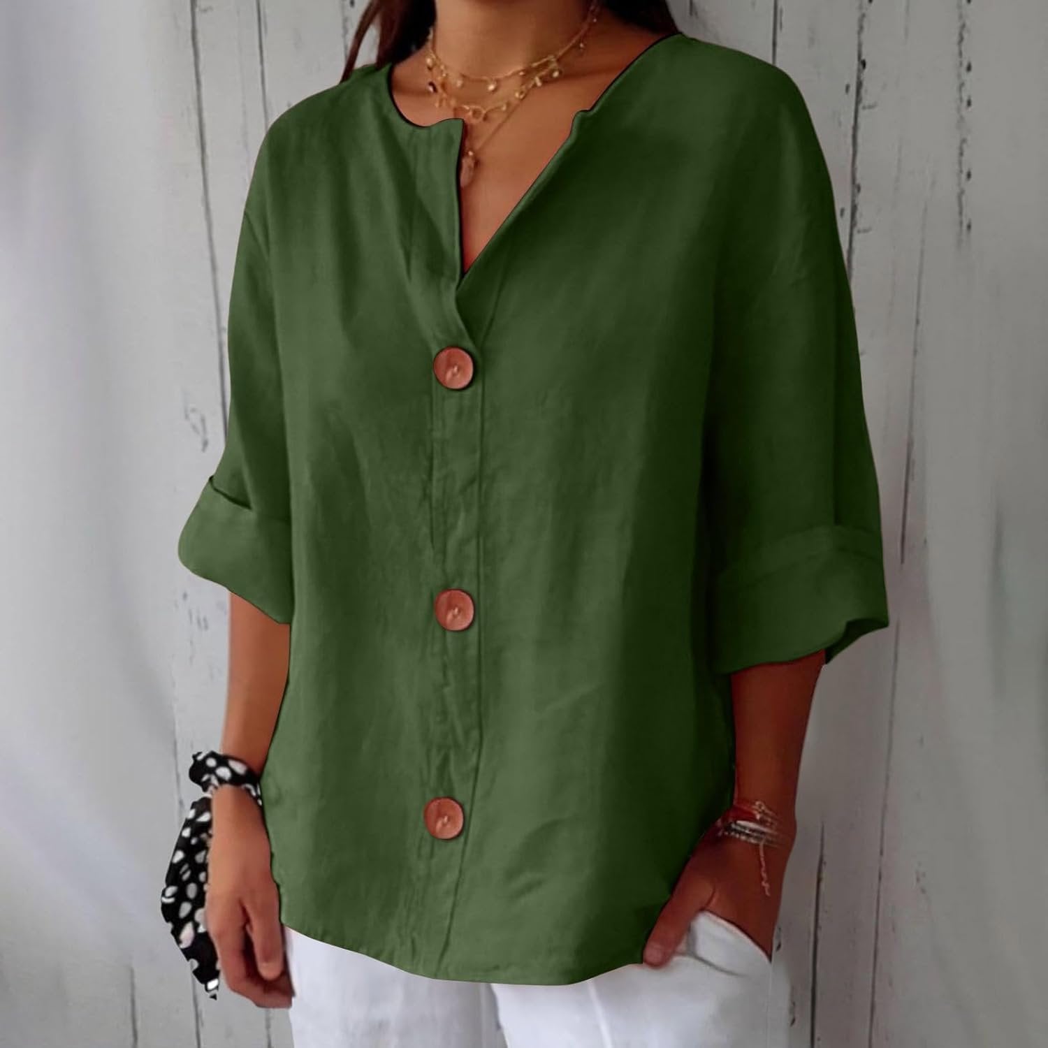 Women's Linen Blouse Button Front Three Quarter Sleeve - Grün