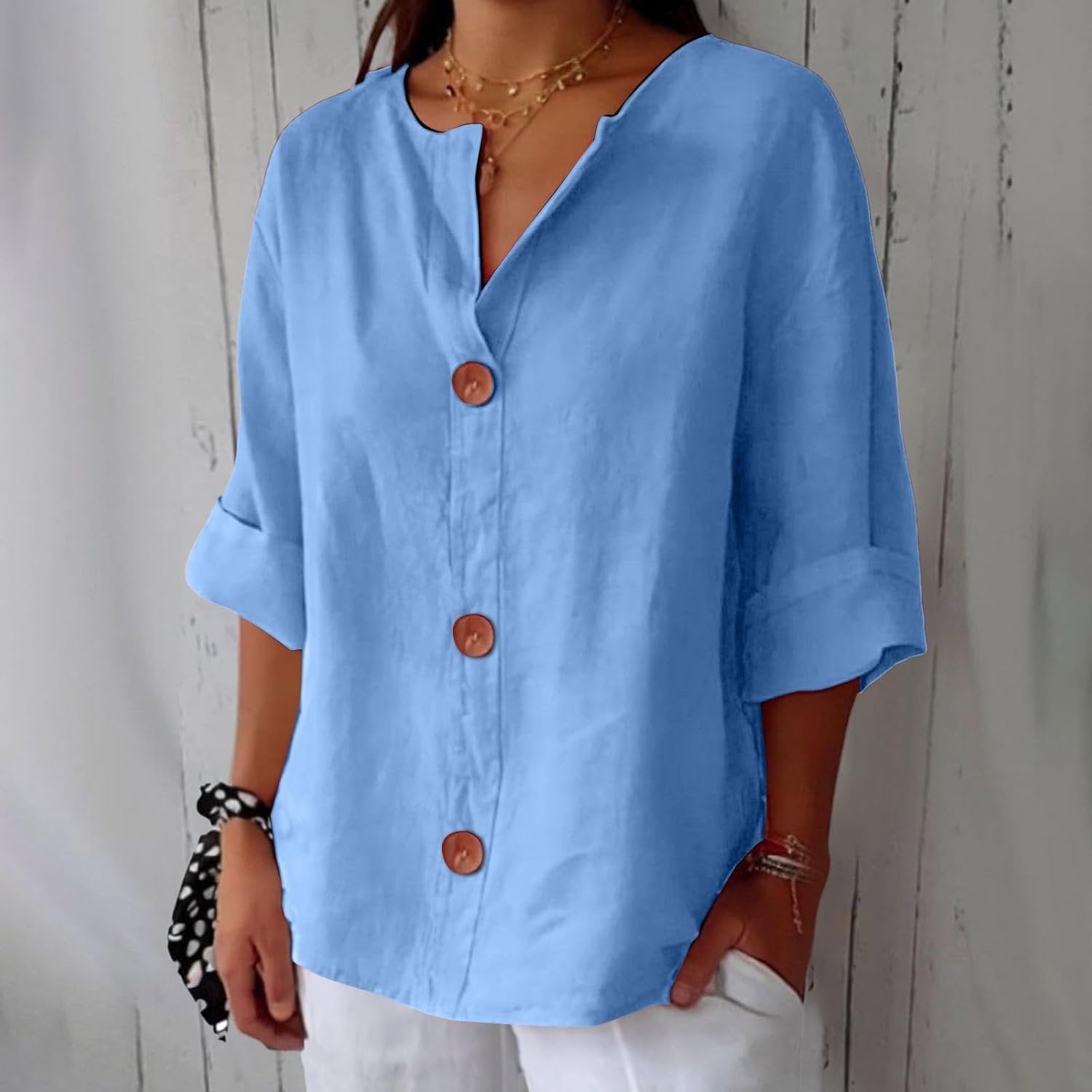 Women's Linen Blouse Button Front Three Quarter Sleeve - Hellblau