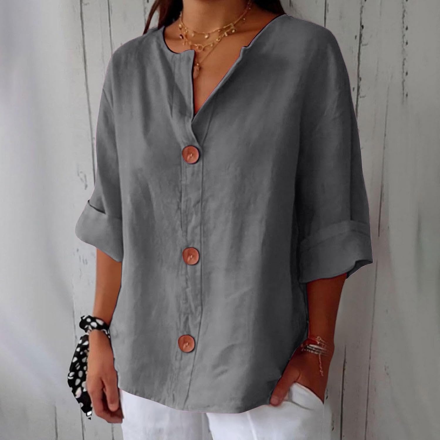 Women's Linen Blouse Button Front Three Quarter Sleeve - Grau
