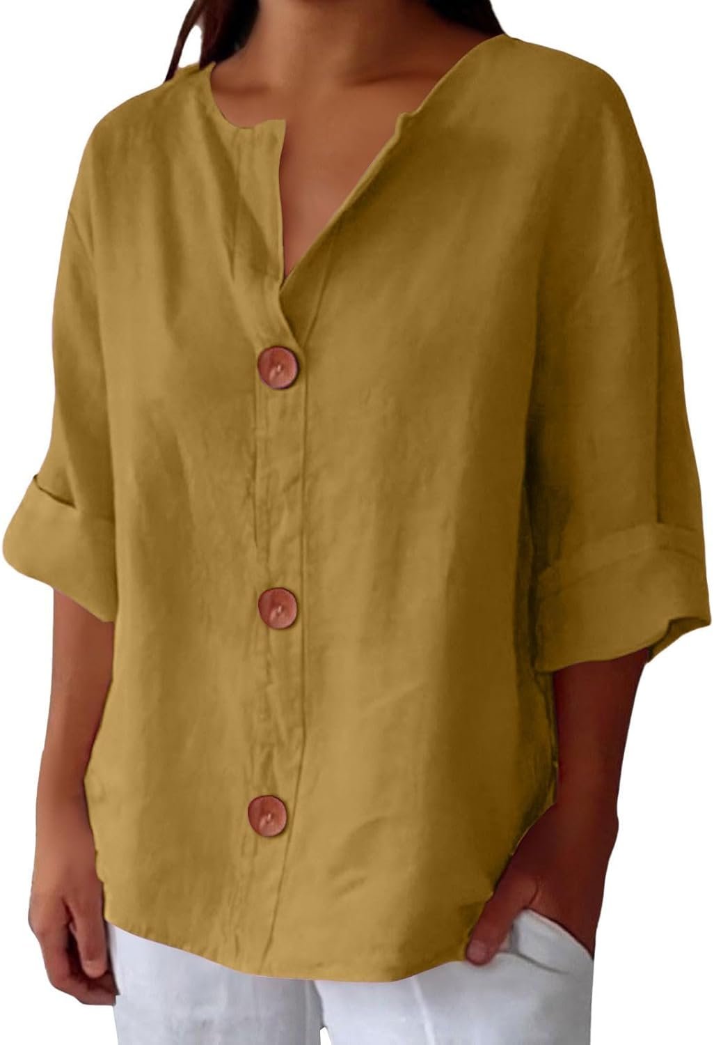 Women's Linen Blouse Button Front Three Quarter Sleeve - Gelb