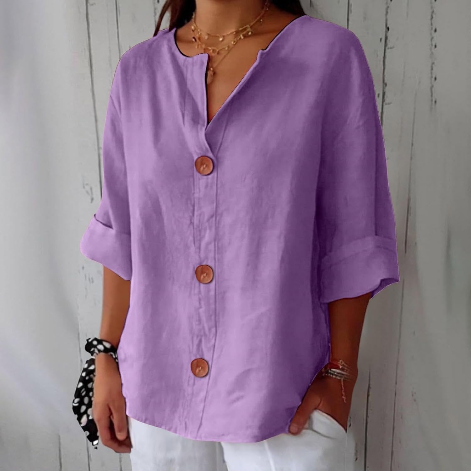 Women's Linen Blouse Button Front Three Quarter Sleeve - Lila