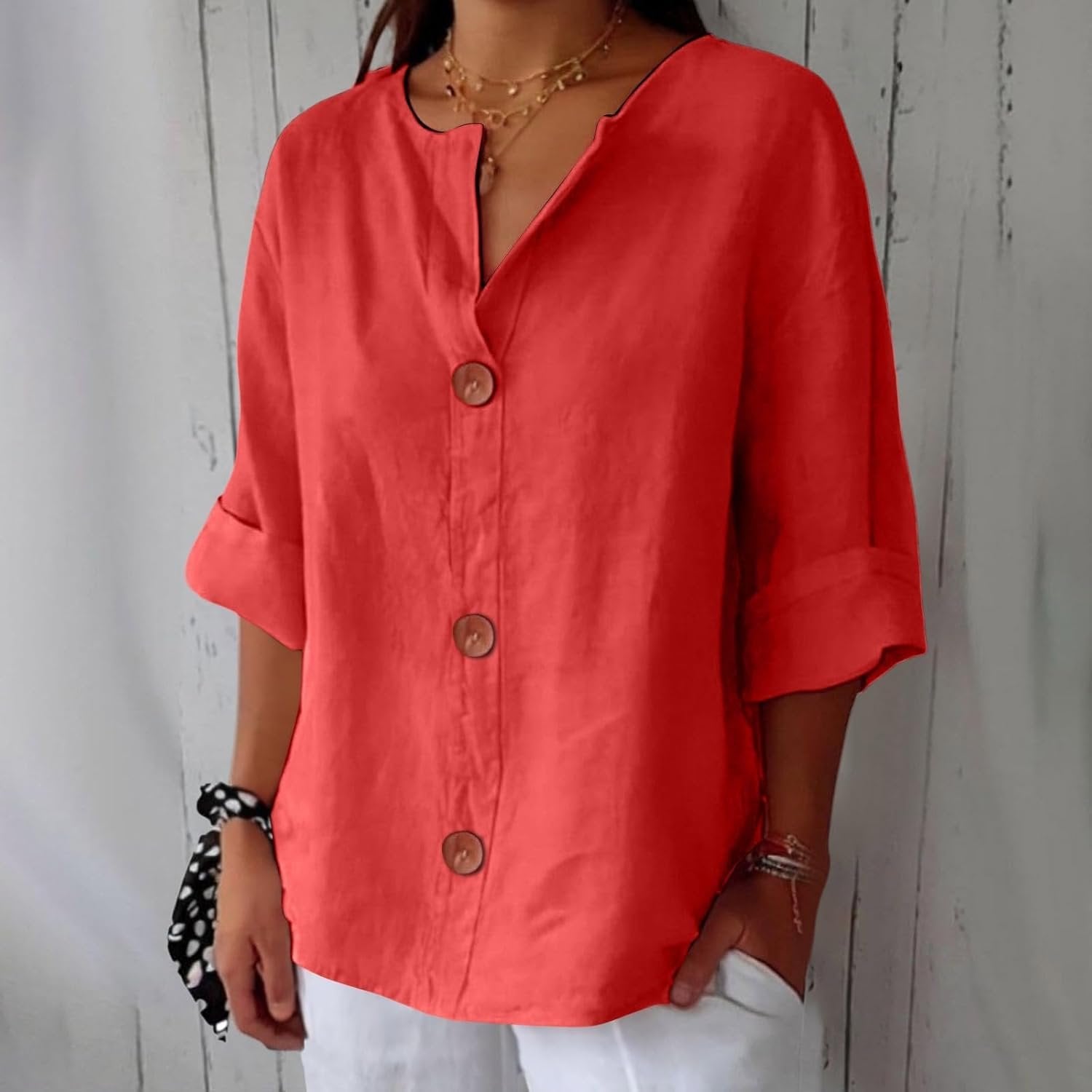 Women's Linen Blouse Button Front Three Quarter Sleeve - Rot