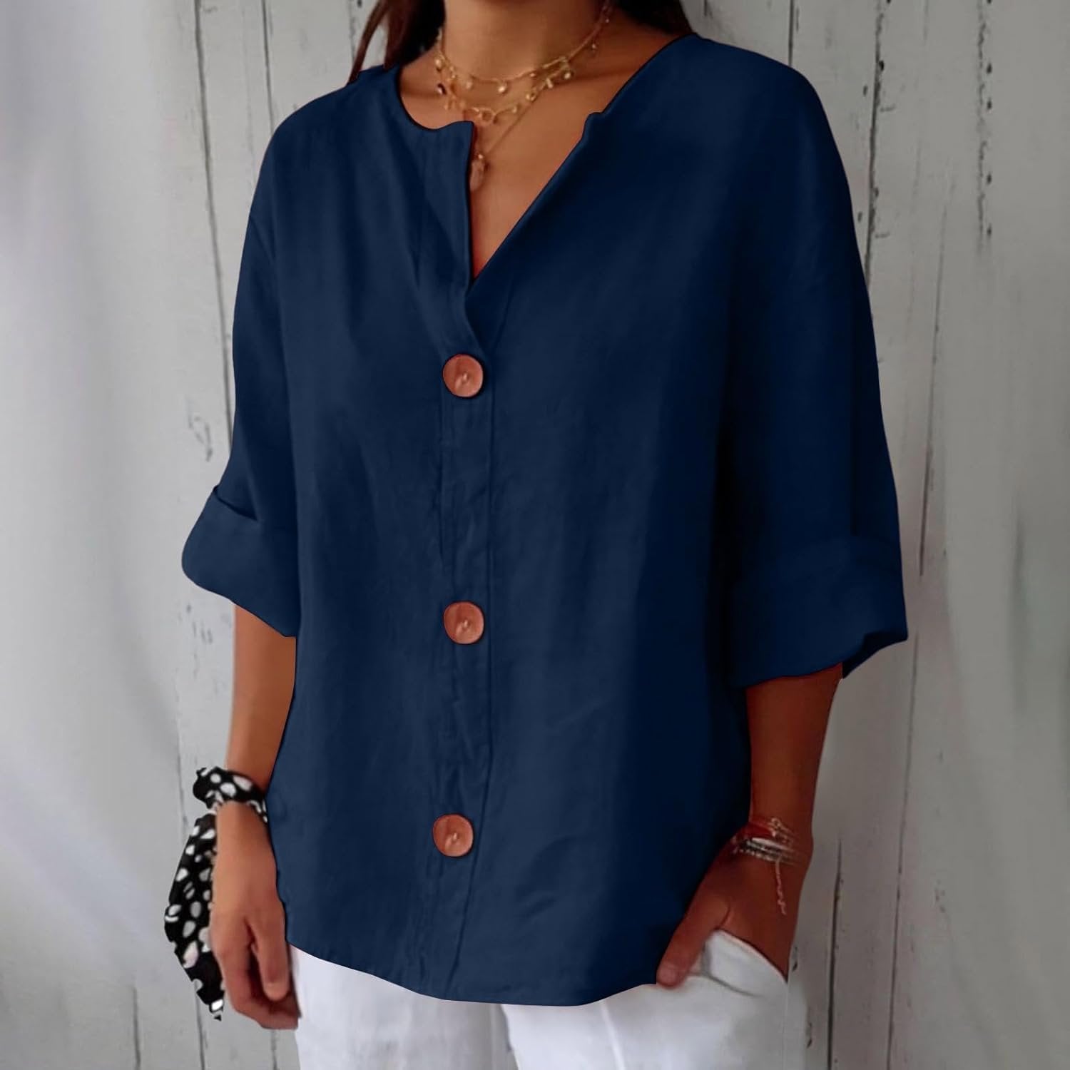 Women's Linen Blouse Button Front Three Quarter Sleeve - Blau