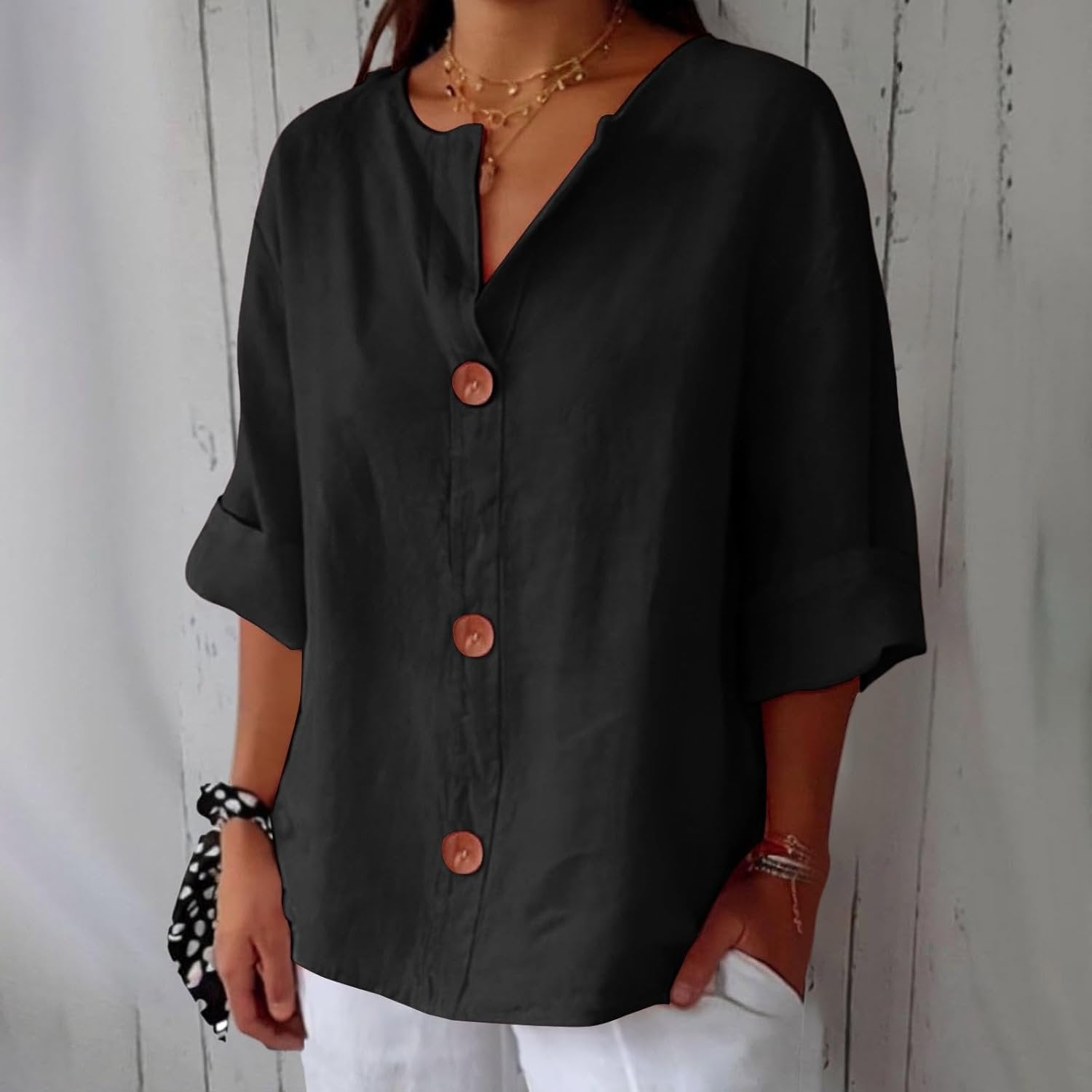 Women's Linen Blouse Button Front Three Quarter Sleeve - Schwarz