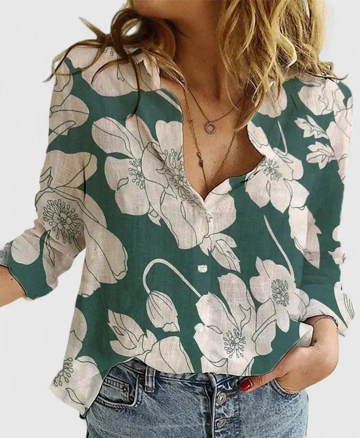 Women's Linen Button-Down Shirt Lapel Collar Relaxed Fit - Green 2