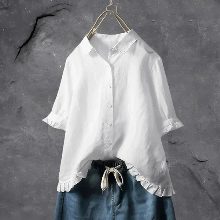 Women's Linen Button-Down Shirt Ruffle Trim Relaxed - White