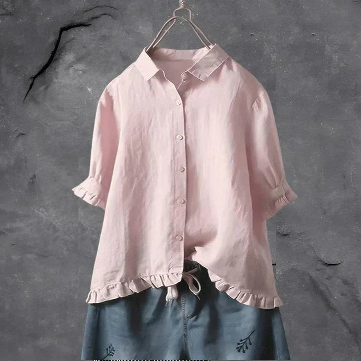 Women's Linen Button-Down Shirt Ruffle Trim Relaxed - Light Pink