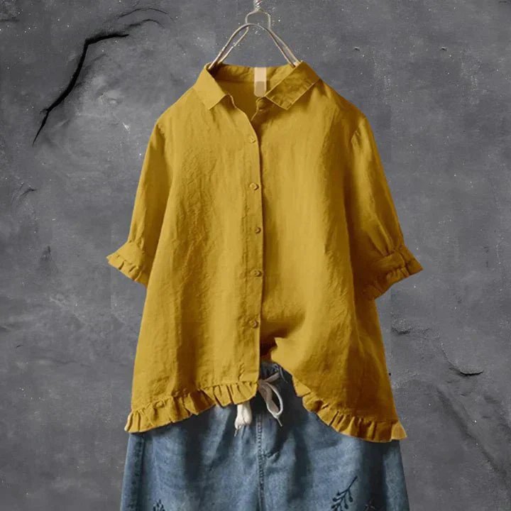 Women's Linen Button-Down Shirt Ruffle Trim Relaxed - Yellow