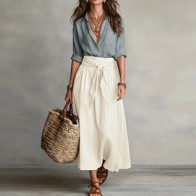 Women's Linen Co-Ord Set Button Down Top Midi Skirt - Grey White