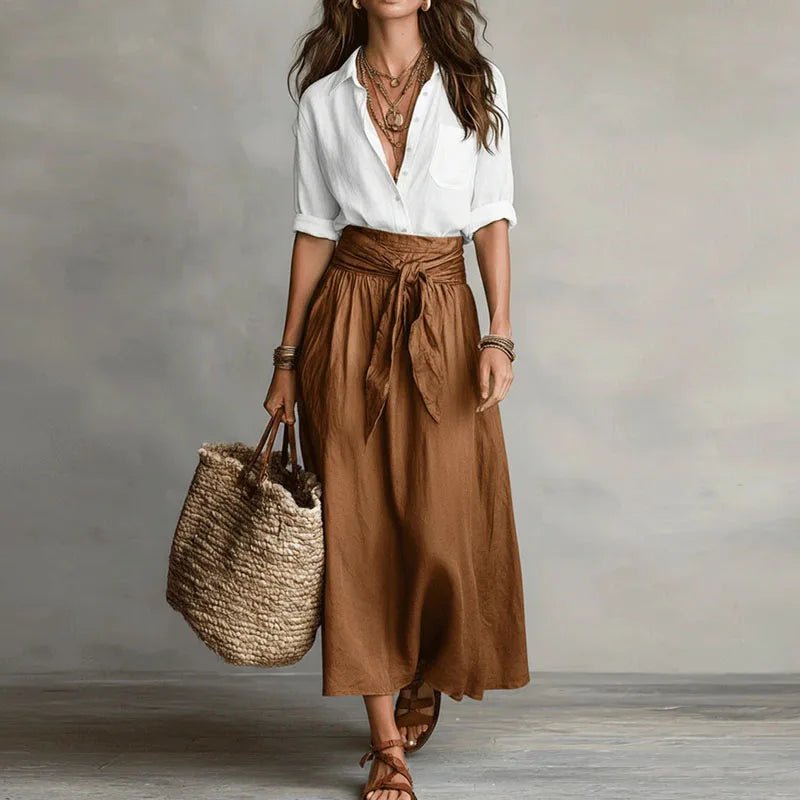 Women's Linen Co-Ord Set Button Down Top Midi Skirt - White Brown