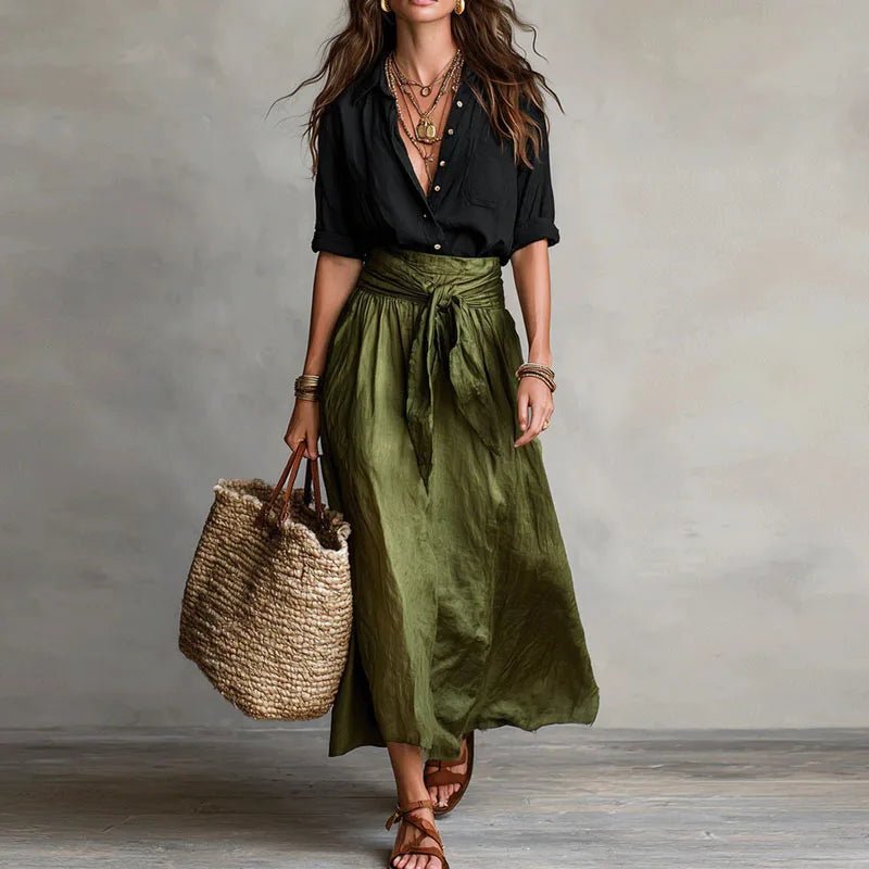 Women's Linen Co-Ord Set Button Down Top Midi Skirt - Black Green