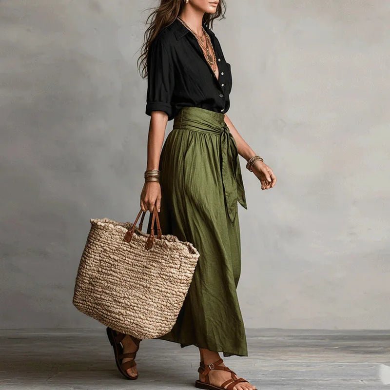 Women's Linen Co-Ord Set Button Down Top Midi Skirt