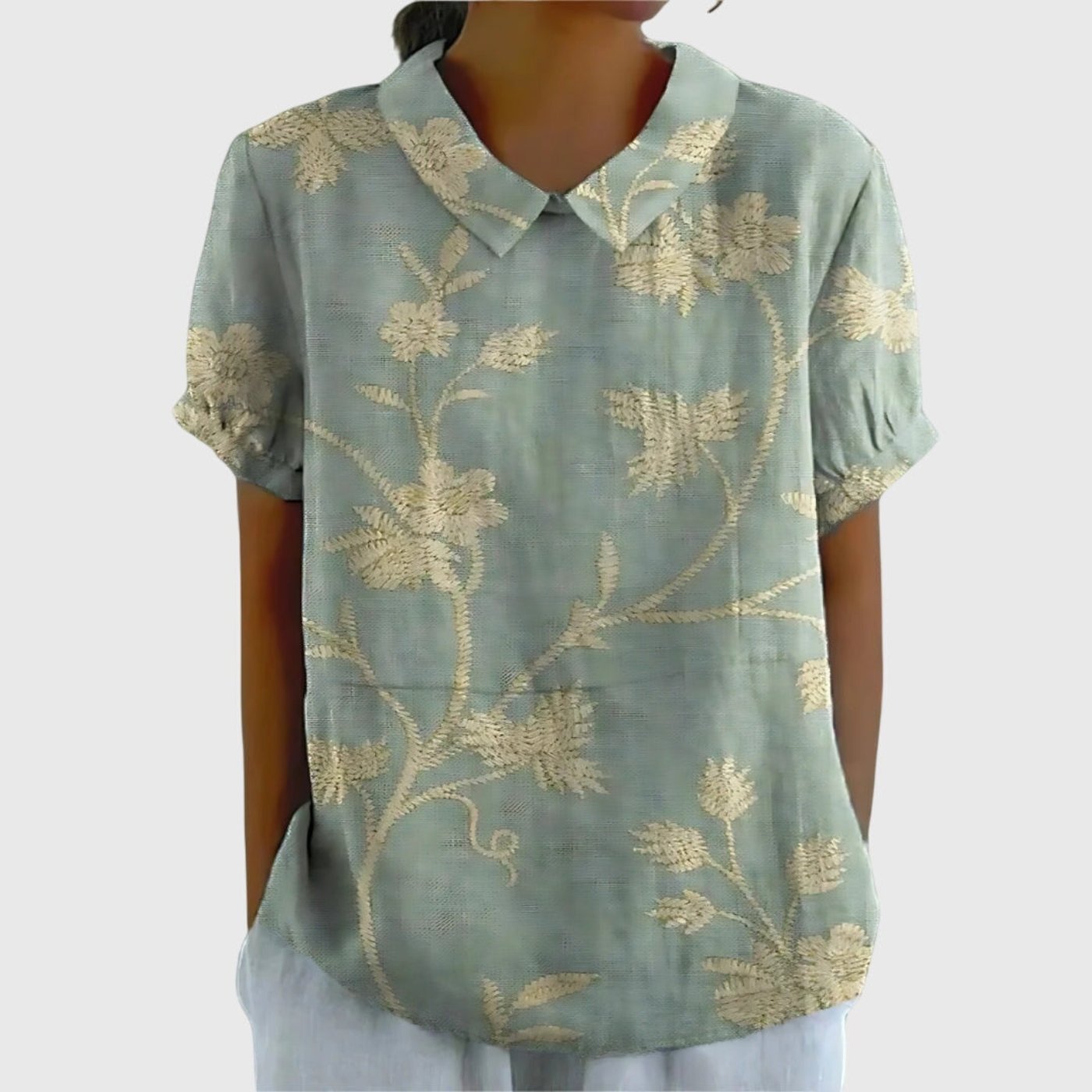 Women's Linen Floral Blouse Peter Pan Collar Short Sleeve - Sage Green 3