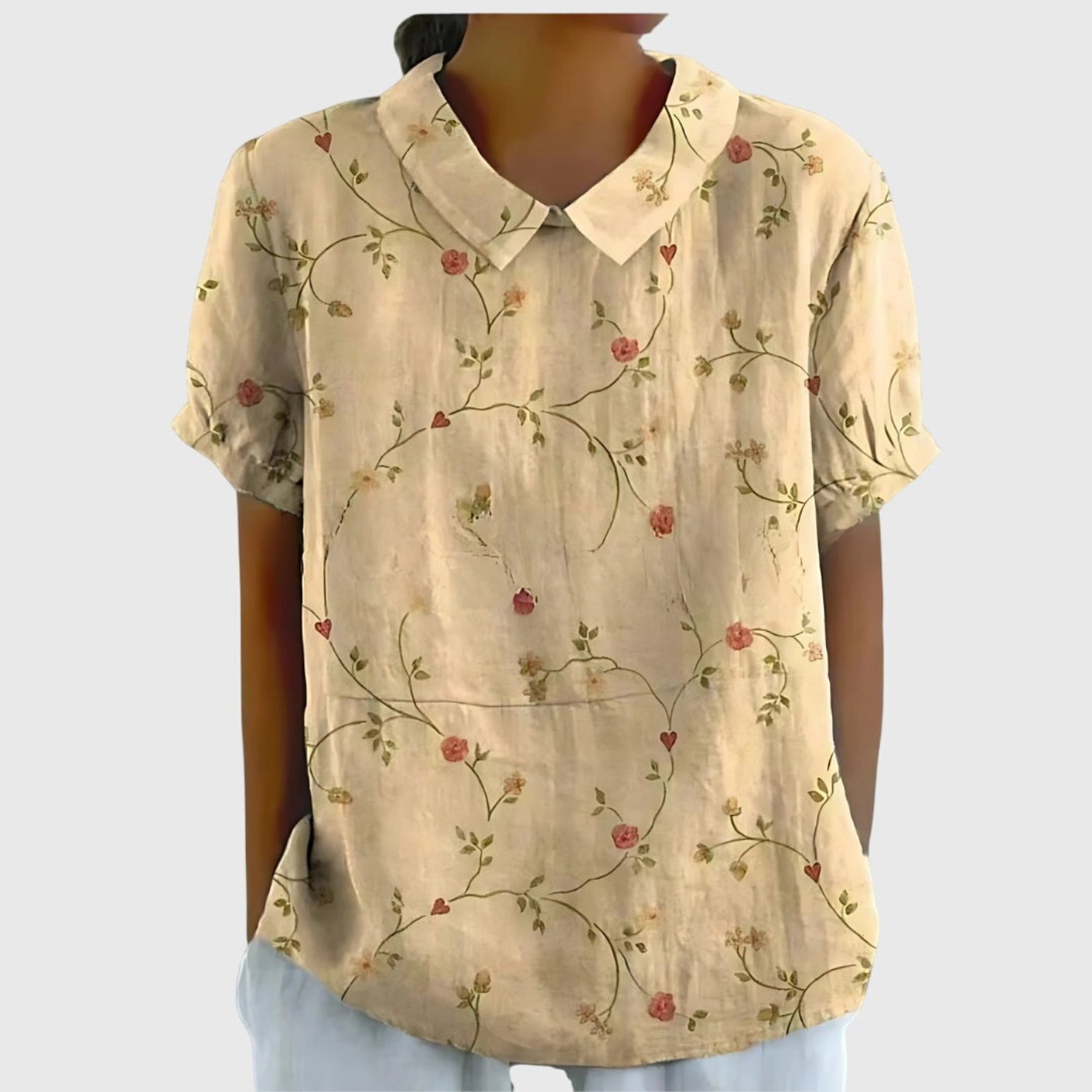 Women's Linen Floral Blouse Peter Pan Collar Short Sleeve - Light Yellow