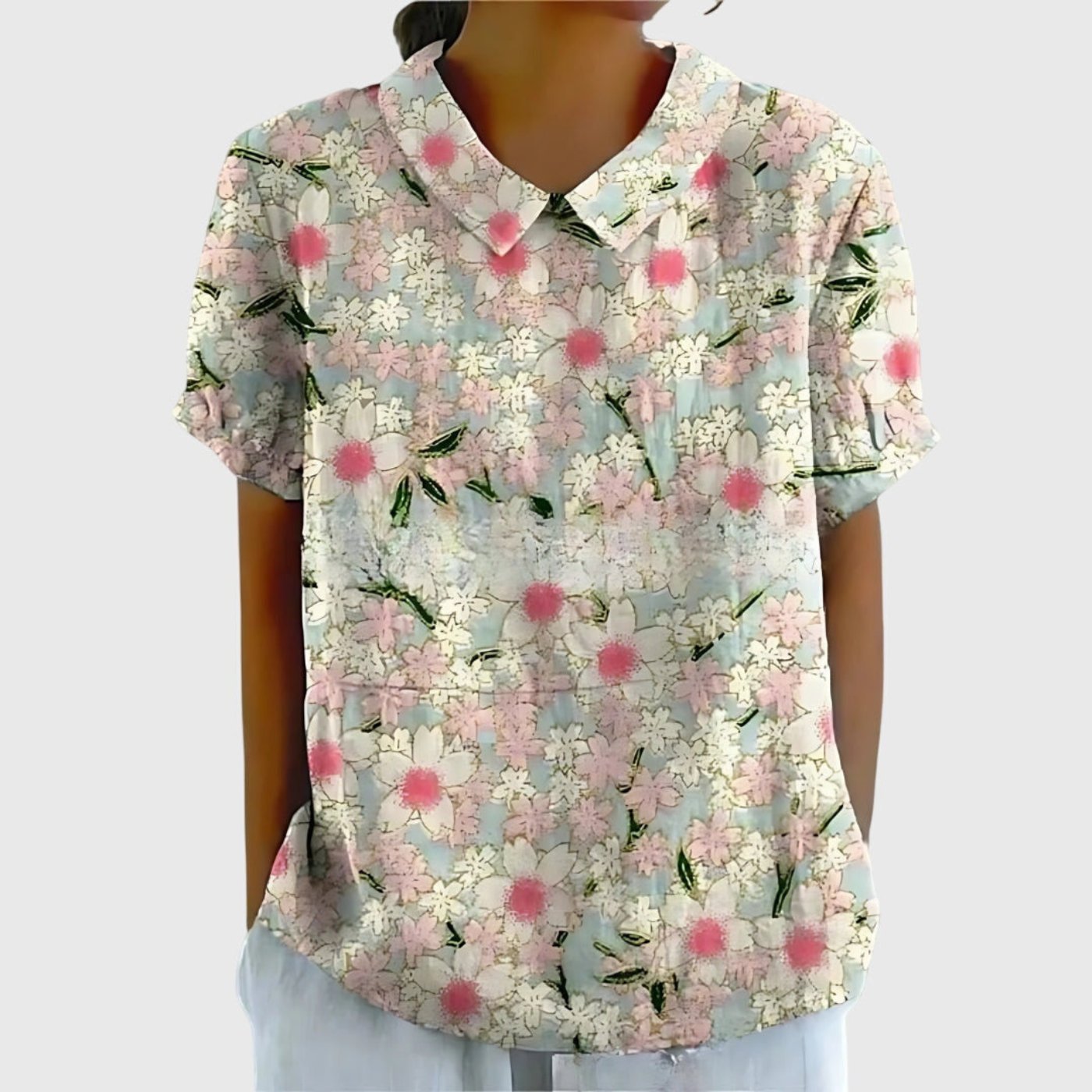 Women's Linen Floral Blouse Peter Pan Collar Short Sleeve - White 2