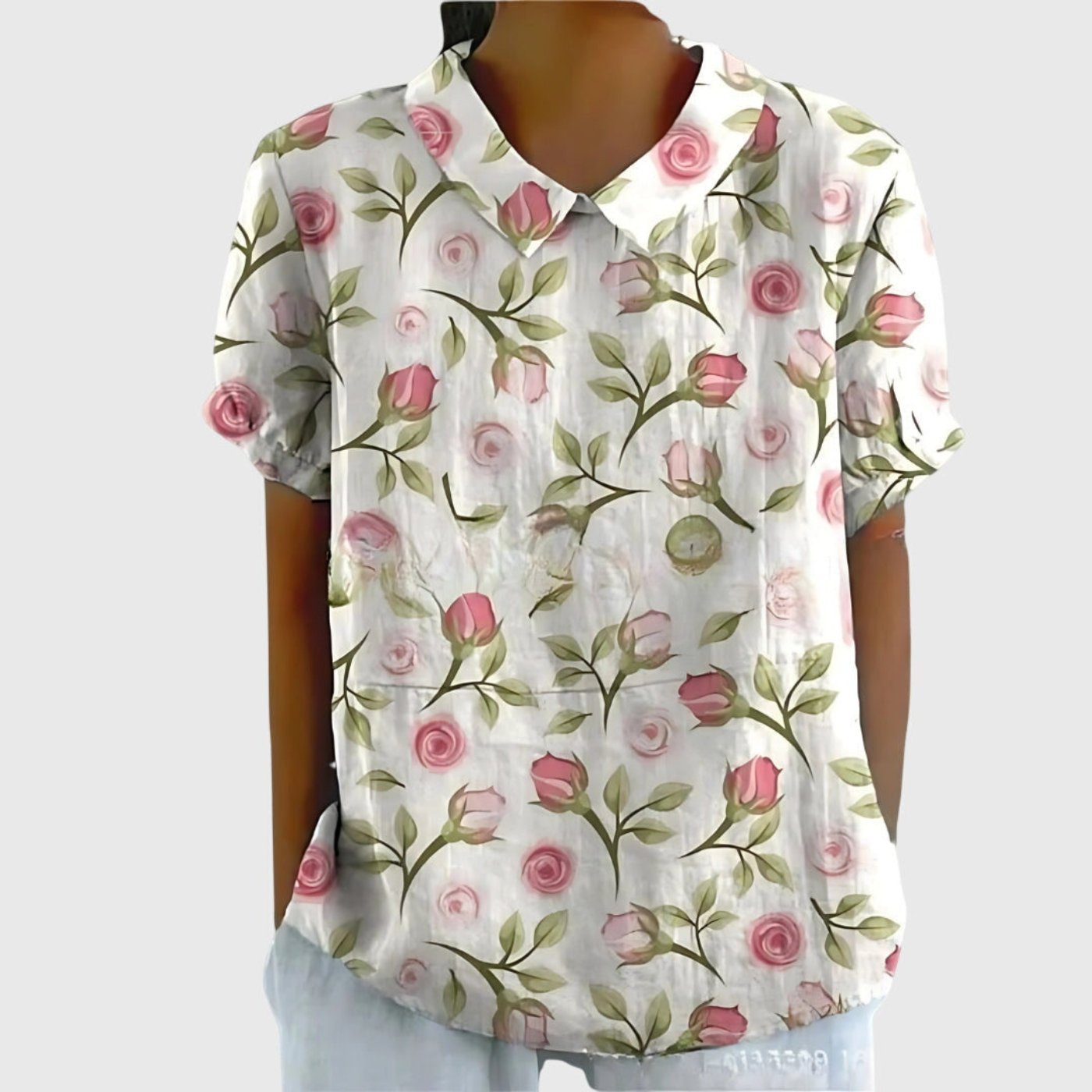 Women's Linen Floral Blouse Peter Pan Collar Short Sleeve - White 3