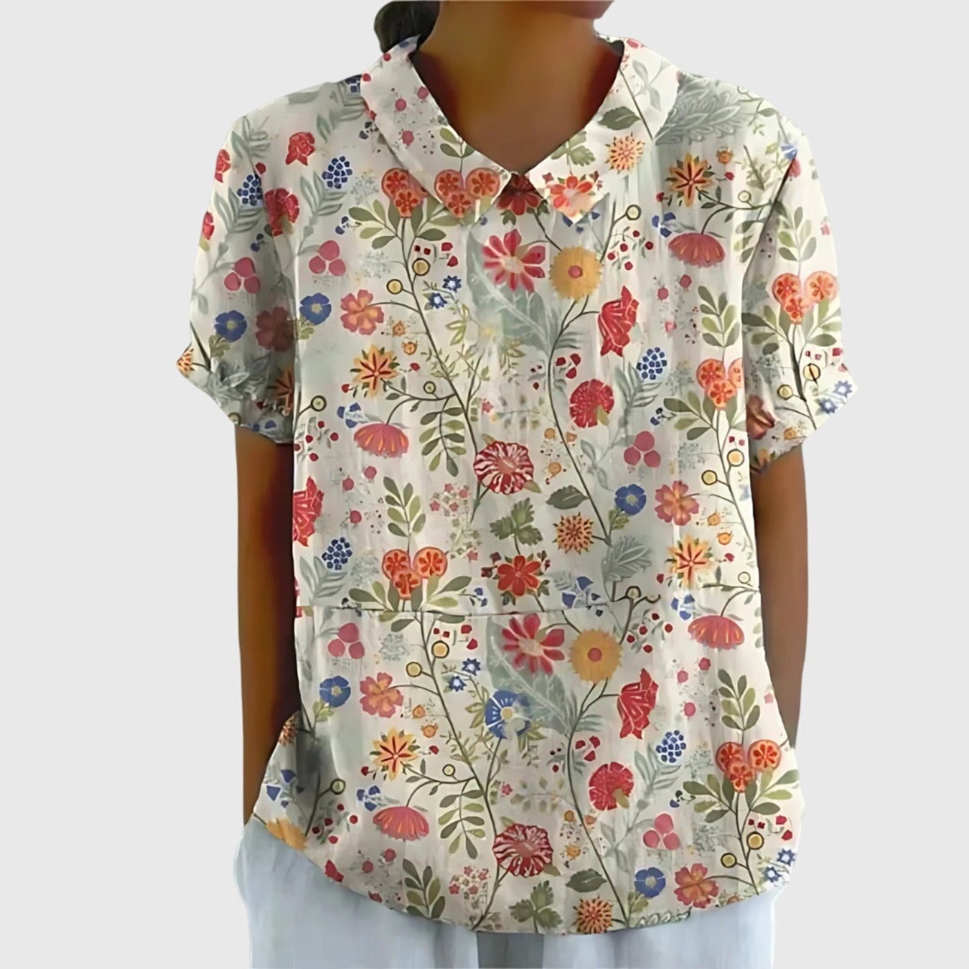 Women's Linen Floral Blouse Peter Pan Collar Short Sleeve - White 6