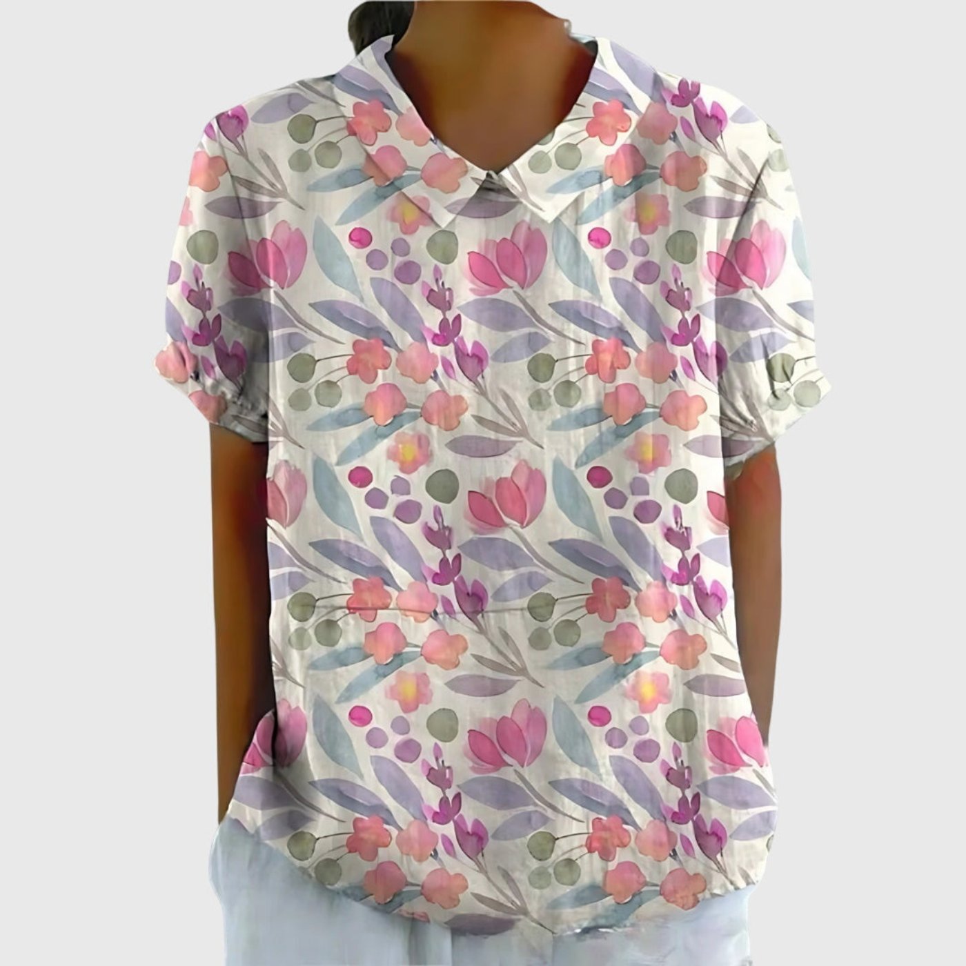 Women's Linen Floral Blouse Peter Pan Collar Short Sleeve - White 7