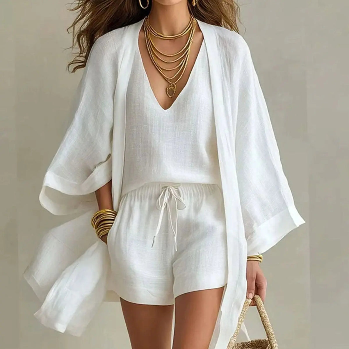 Women's Linen Kimono Three-Piece Loungewear Two-Piece Sets - White