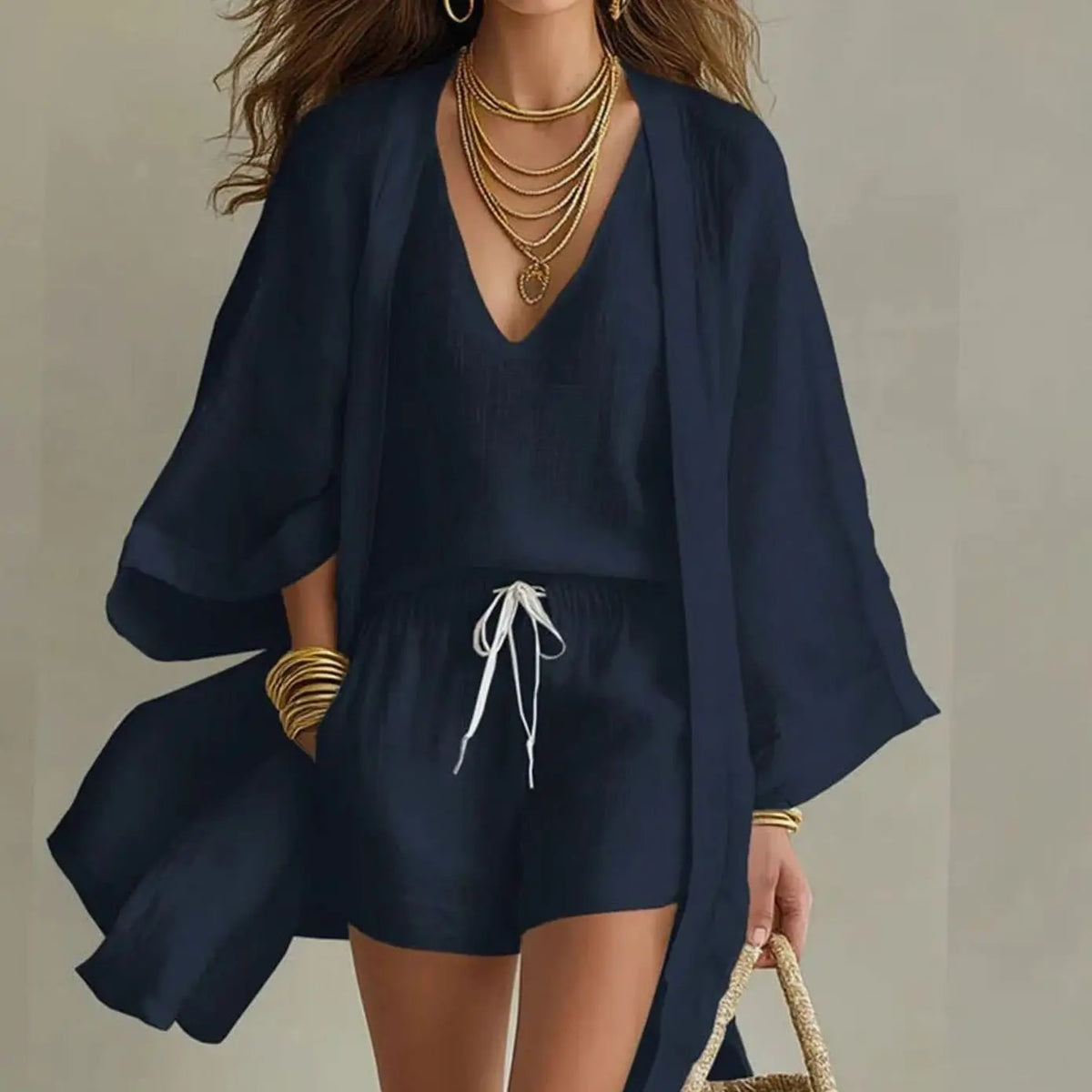 Women's Linen Kimono Three-Piece Loungewear Two-Piece Sets - Navy Blue