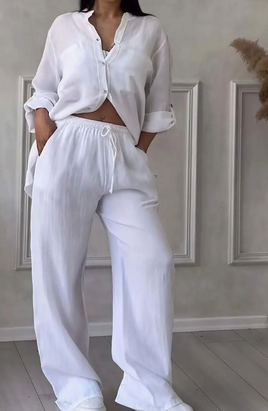 Women's Linen-Look Wide-Leg Shirt Two-Piece Set - White