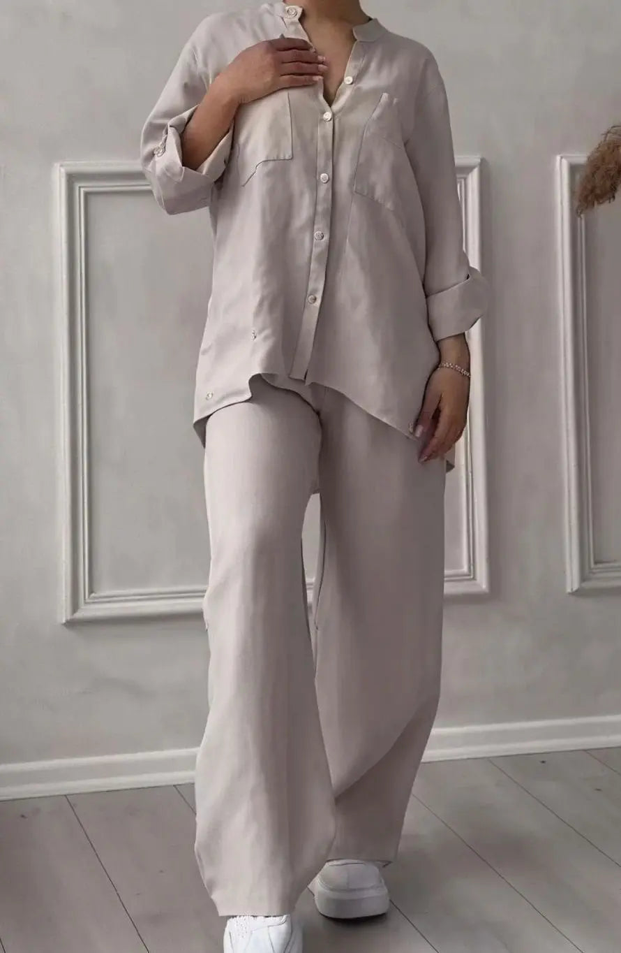 Women's Linen-Look Wide-Leg Shirt Two-Piece Set - Apricot