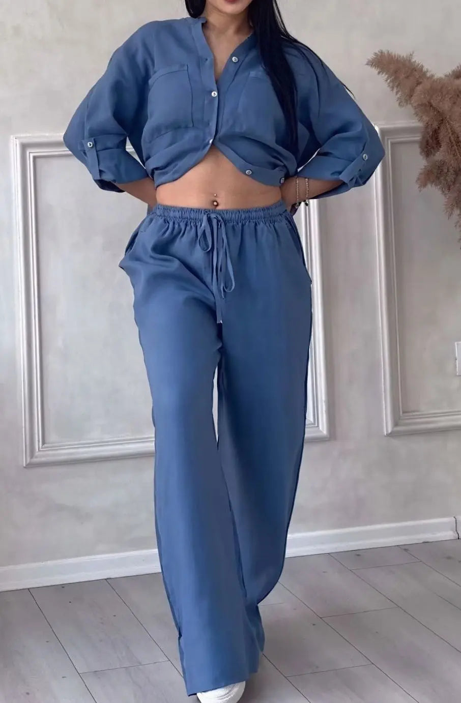 Women's Linen-Look Wide-Leg Shirt Two-Piece Set - Blue